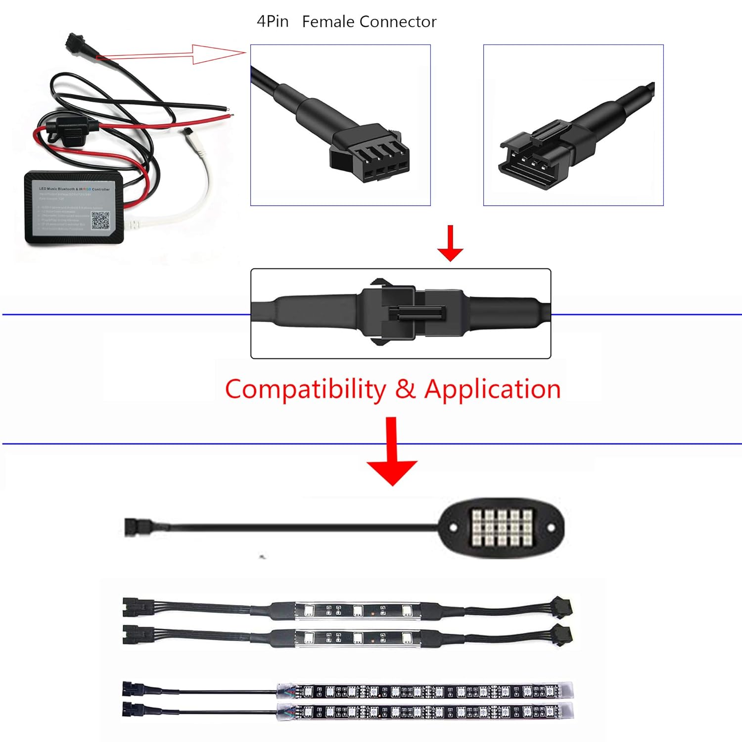 4PC 36in/90CM RGB LED Extension Cable With 2pcs 1-2 way spiltter Y cable,Rock Light Extension Wire,Neon Underglow Wire Cable Extension Kit for ATV Car Motorcycle Accent Light Strips Rock Lights