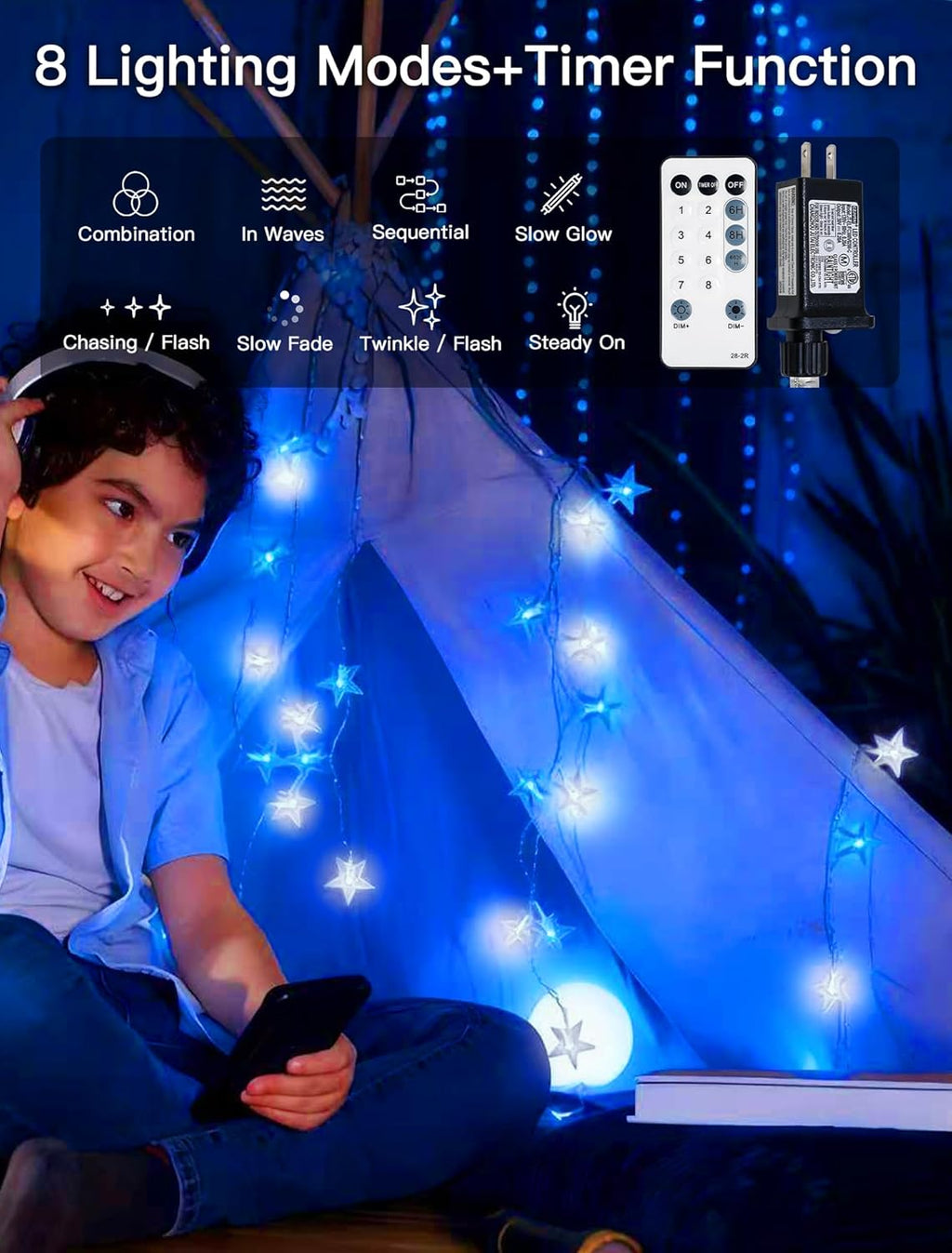 Star String Lights Plug in,33ft 100LED Star Christmas Lights with Remote and Timer, Fairy Lights Waterproof for Indoor Outdoor Bedroom Classroom Dorm Wedding Party Holiday Decor,Blue-White