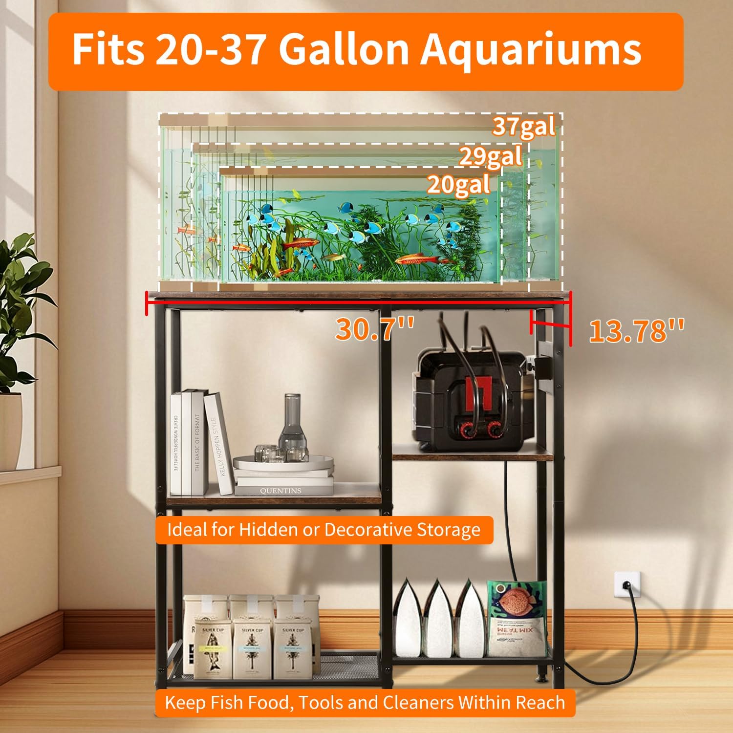 20-29-37 Gallon Fish Tank Stand with 3 Power Outlet 2 USB Port, Metal Aquarium Stand with 4-Tier Adjustable Storage Shelves, 30''L* 13''W*30''H Reptile Tank Stand, Fish Tank Table, 500lbs Capacity