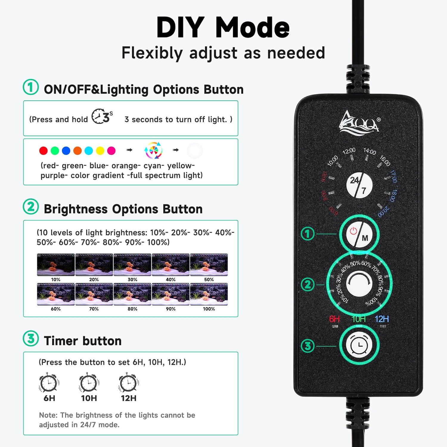 AQQA LED Aquarium Light, 24/7 Mode IP68 Waterproof Extendable Bracket Fish Tank Light, DIY Mode Full Spectrum Aquarium Plant Light, Adjustable Timer/Brightness Memory Function for 48-55 Inch Fish Tank