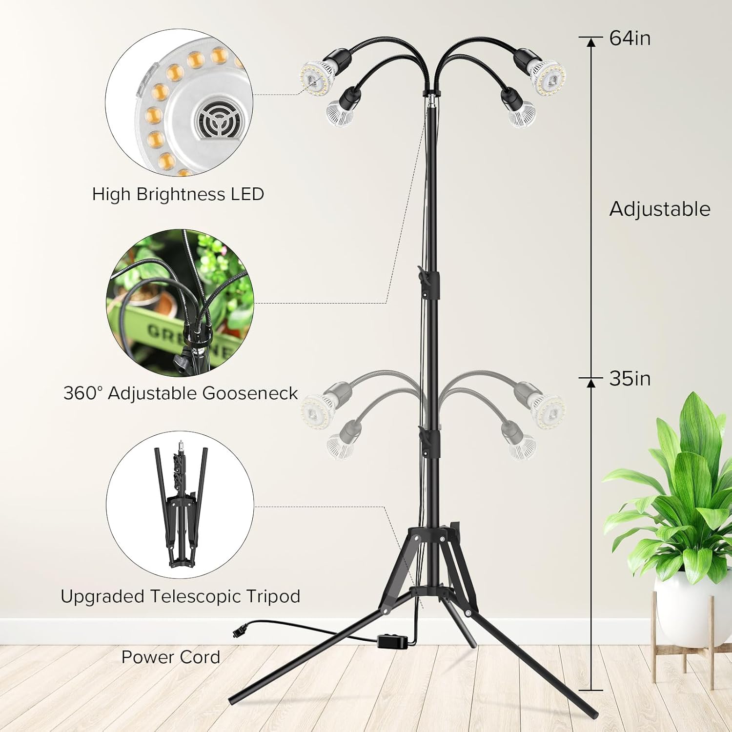 SANSI Grow Lights for Indoor Plants, 4 Head Dimmable Plant Lights for Indoor Growing, 35"-64" Adjustable Tripod Stand LED Grow Light Lamp with Remote Control 4 Pack of Par20 10W Bulbs