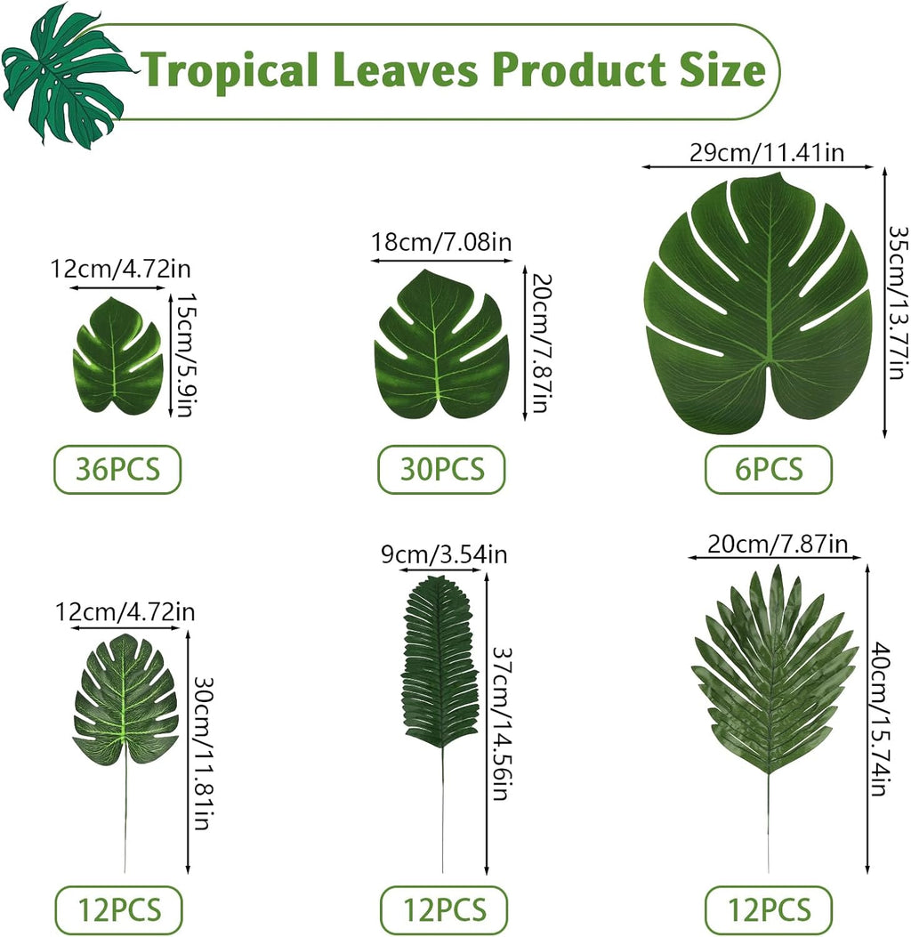 Palm Leaves, 108 Pcs 6 Kinds Artificial Palm Leaves Monstera Tropical Leaves Decor, Green Leaves for Jungle Hawaiian Luau Safari Party Table Wedding Birthday Theme Party Decorations