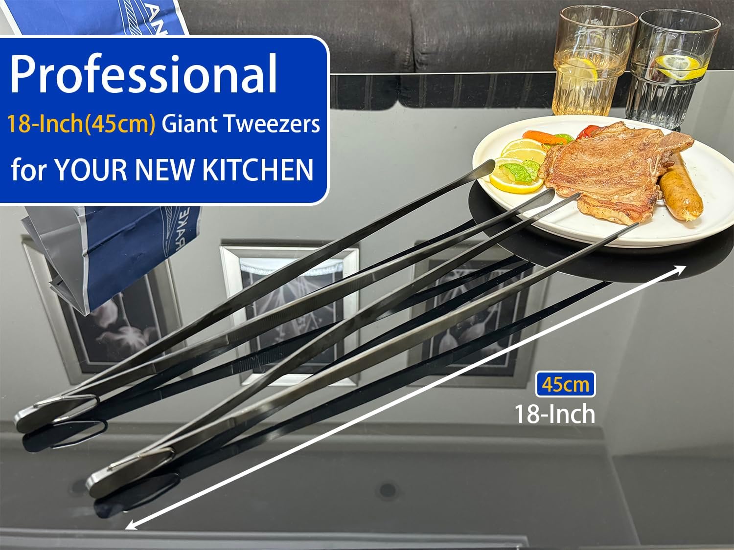 JETKONG 2 Pcs 18 Inch (45cm) Stainless Steel Grill Tongs Heavy Duty Giant Tweezer Tongs, Extra Large Tweezers Tools for Cooking, Grilling, BBQ and Turning Food (Black)