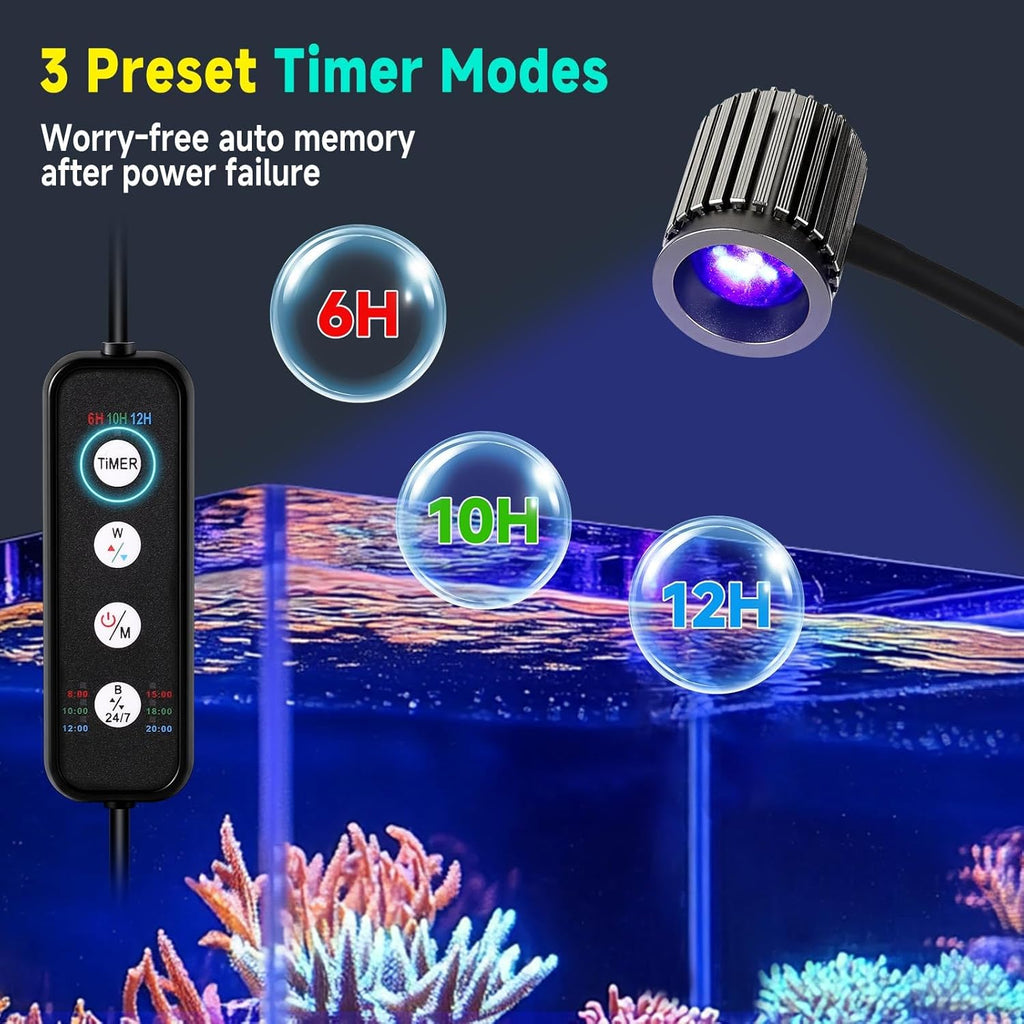 fishkeeper Clip On 24/7 Saltwater Aquarium LED Light, 12W Reef Lights for Coral DIY Color/Brightness Fish Tank Light with Timer for Coral Marine Tank Memory Function