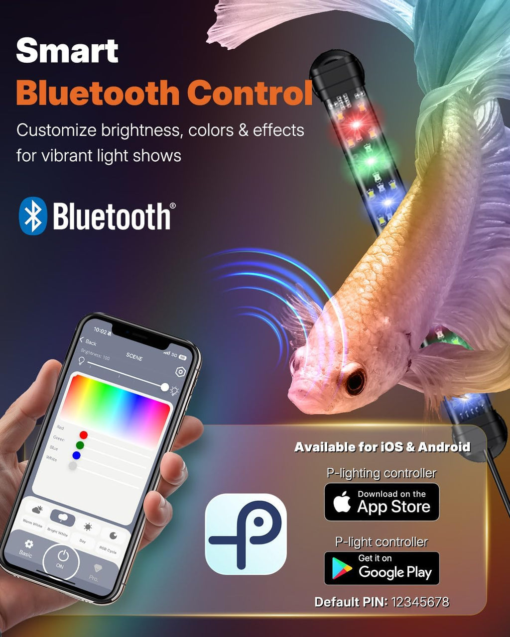 Pawfly Aquarium Light with Bluetooth for Plants, 5W 8 inch Full Spectrum Fish Tank Light for 8-15 inch Fish Tanks, Submersible LED Lights with App Control, Timer Modes & Adjustable Brightness