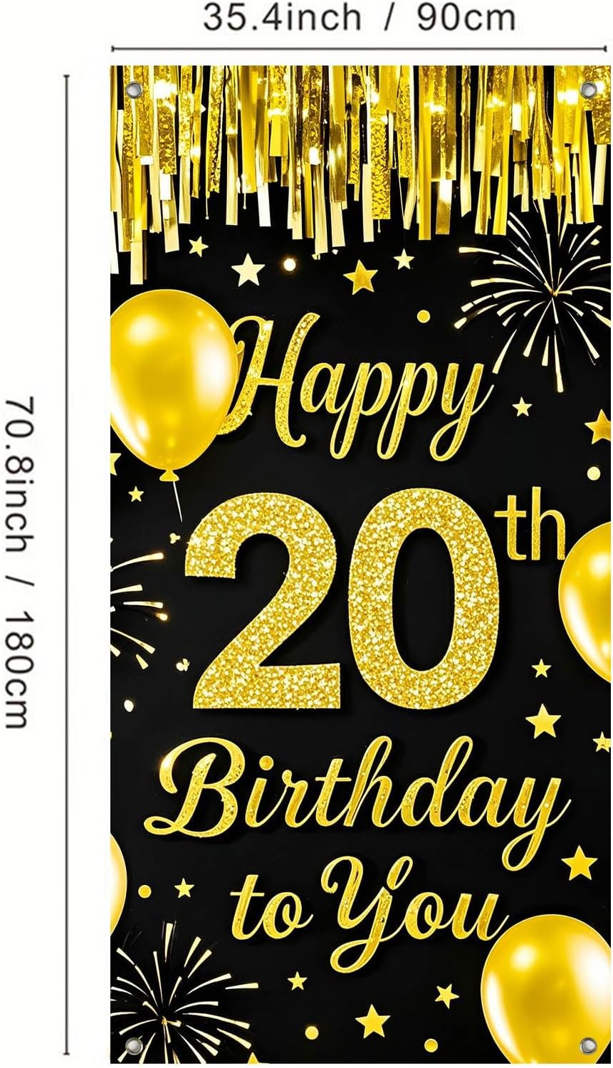 IVN 20th Birthday Door Cover 71x35 Inch Black Gold Birthday Banner for Party Decorations Balloons Stars Fireworks Backdrop Sign for Men Women Photo Booth Prop Wall Decor