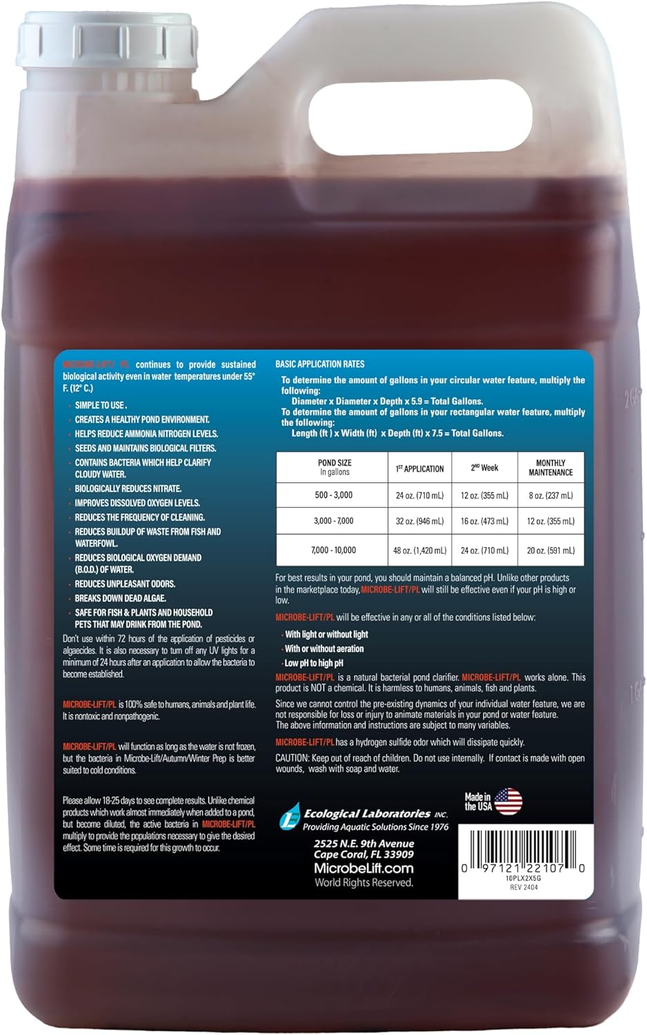 MICROBE-LIFT PL Pond Bacteria and Outdoor Water Garden Cleaner, Safe for Live Koi Fish, Plant Life, and Decor, 2.5 Gallons