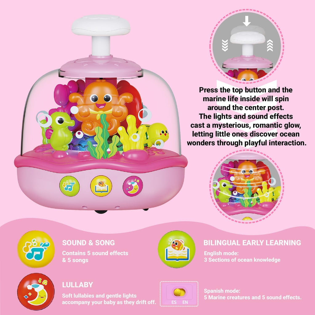 Baby Girl Toys 6-12-18 Months, Press & Spin Aquarium Musical Light Up Toy | Bilingual Learning Educational Cause and Effect Toy for 1 Year Old Boy Girl, Christmas Birthday Gifts for 1-3 Year Old