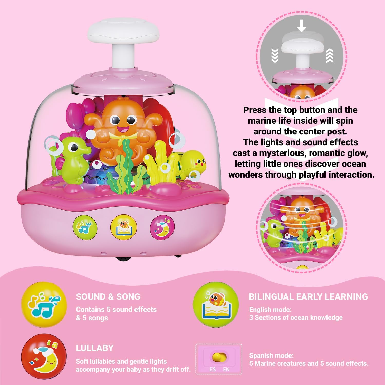 Baby Girl Toys 6-12-18 Months, Press & Spin Aquarium Musical Light Up Toy | Bilingual Learning Educational Cause and Effect Toy for 1 Year Old Boy Girl, Christmas Birthday Gifts for 1-3 Year Old