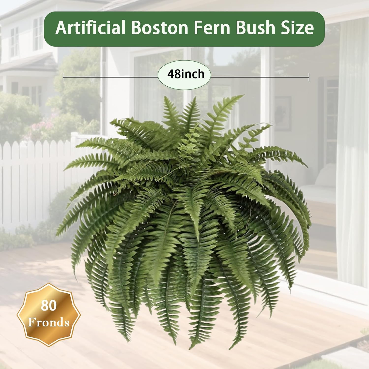 48IN Artificial Hanging Ferns,Large Boston Fake Ferns 80 Branches,Artificial Silk Green Plant for Outdoor Home Garden Porch Decor(Pack of 1)