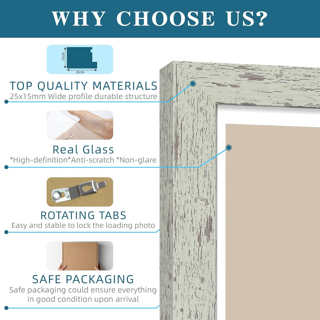 8x10 Picture Frame Set of 4, Made of Real Glass and Sage Green Wooden Frame, 8 by 10 Photo for Wall or Tabletop - Display Picture 5x7 with Mat or 8x10 Without Mat