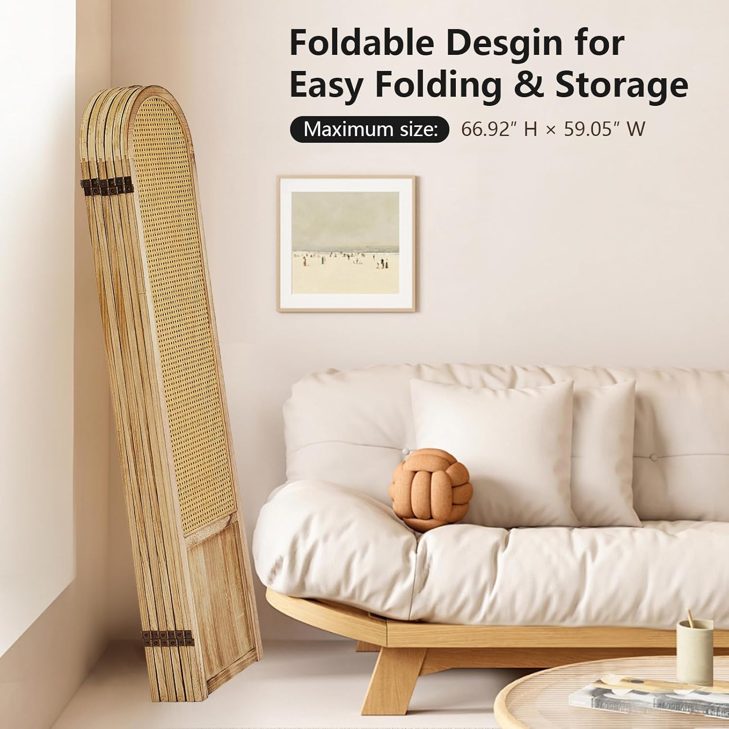 6 Panels Room Divider, Folding Privacy Screen, Foldable Wood Rattan Room Divider Panel, Portable Partition Screen Wall Divider for Room Separation Bedroom Home Office Garden Terrace (Natural)