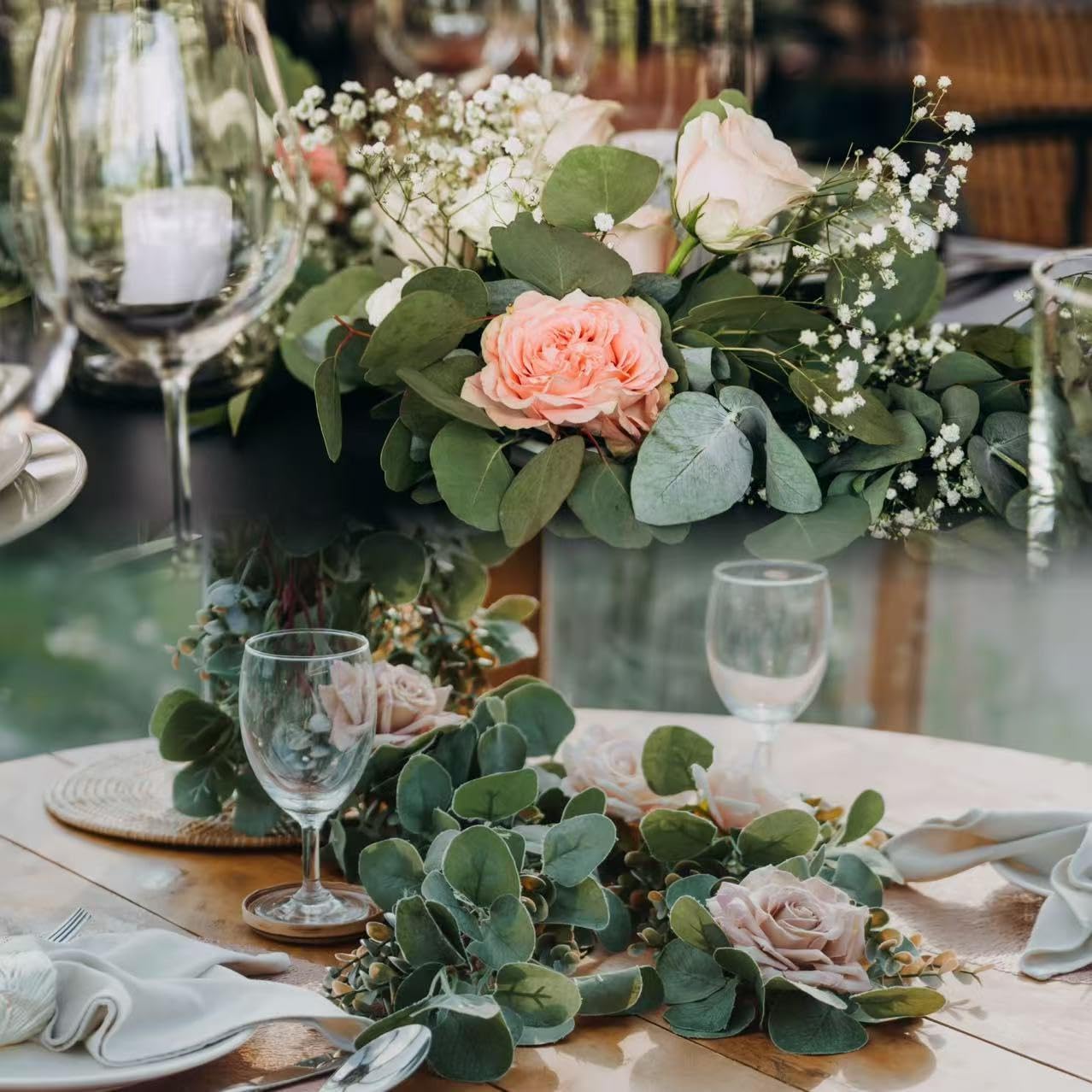 Sggvecsy 4 Pack Artificial Eucalyptus Garland Greenery Leaves Handmade 3D Silk Vines Silver Dollar Leaves Faux Leaf Plants for Wedding Wall Table Party Home Fireplace Bedroom Decor