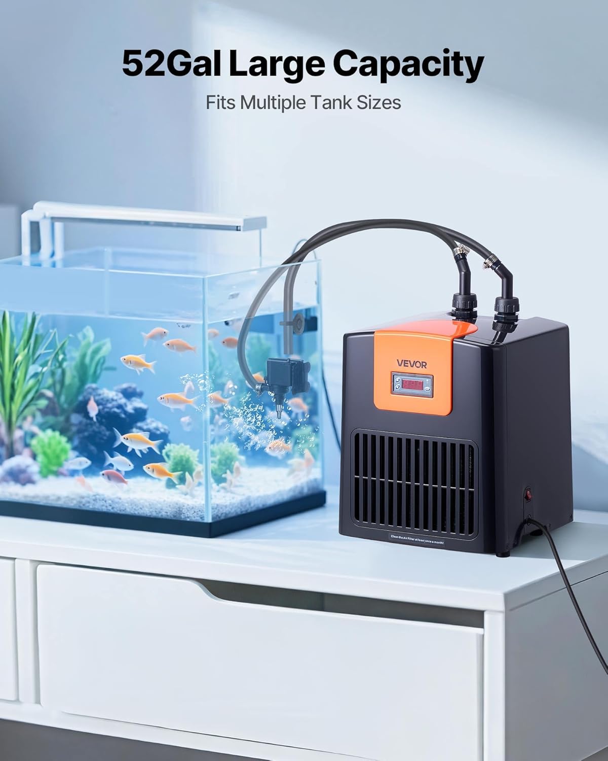 VEVOR Aquarium Chiller 52 Gallon, 1/10 HP Water Chiller for Hydroponics, Fast Cooling for Fish Tank,Axolotl,Coral Reef,Quiet Refrigeration Compressor, Titanium Evaporator,Complete Fittings