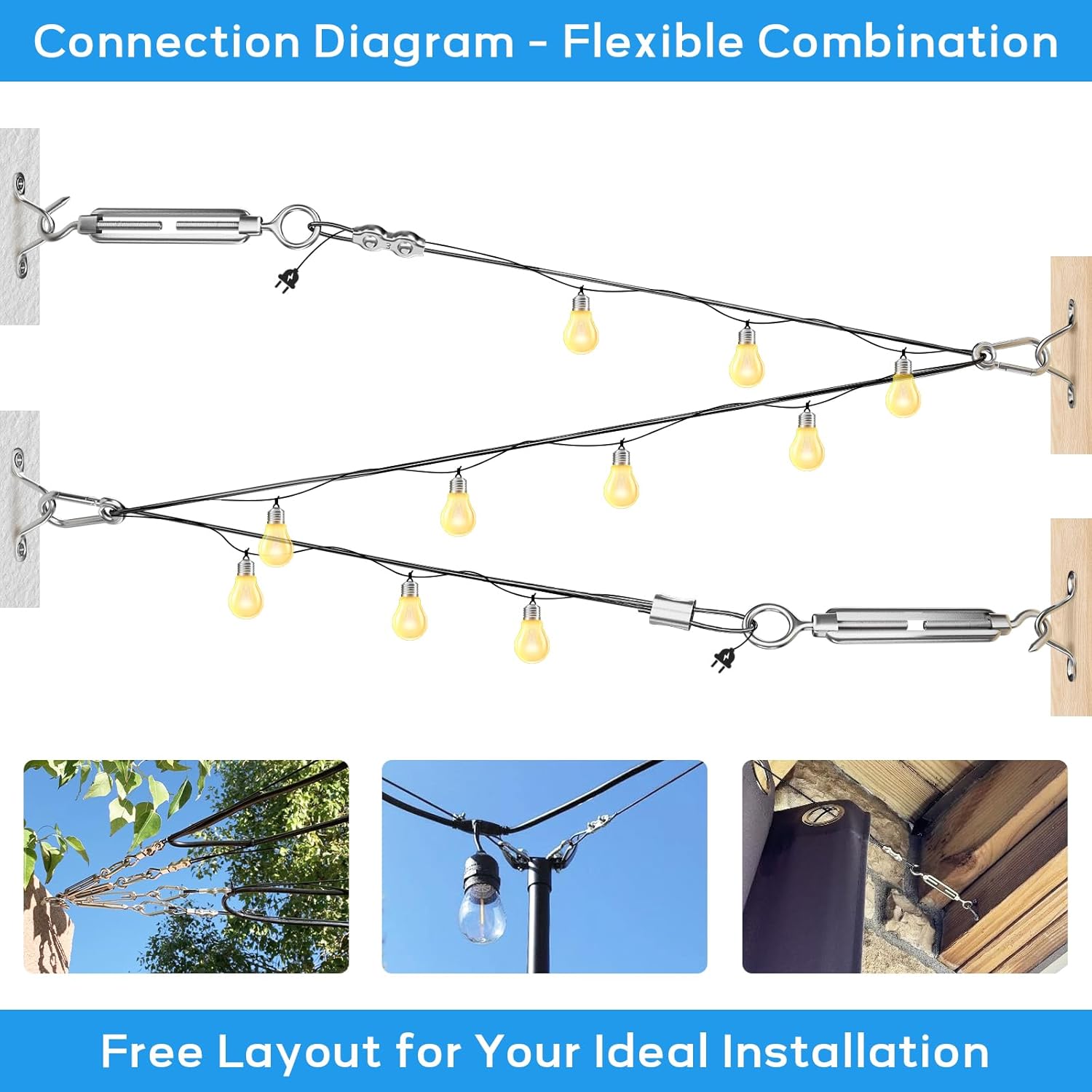 String Light Hanging Kit with 200FT Vinyl Coated Stainless Steel 304 Wire Rope Suspension Kit Included Enough Accessories with Turnbuckles and Hooks for Patio, Garden and Wedding Lighting