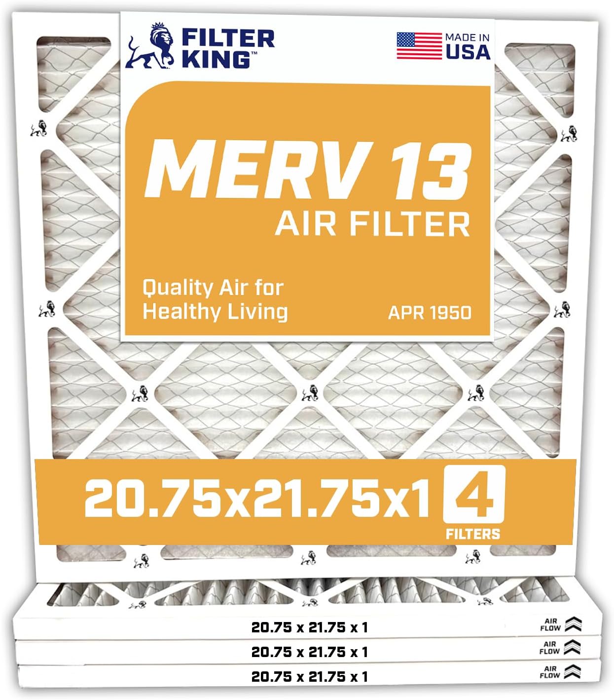 Filter King Air Filters 20.75x21.75x1 | 4-PACK | MERV 13 HVAC Pleated AC Furnace Filters | Air Purifier | Replacement Filters for Clean, Healthy & Fresh Environment | MADE IN USA
