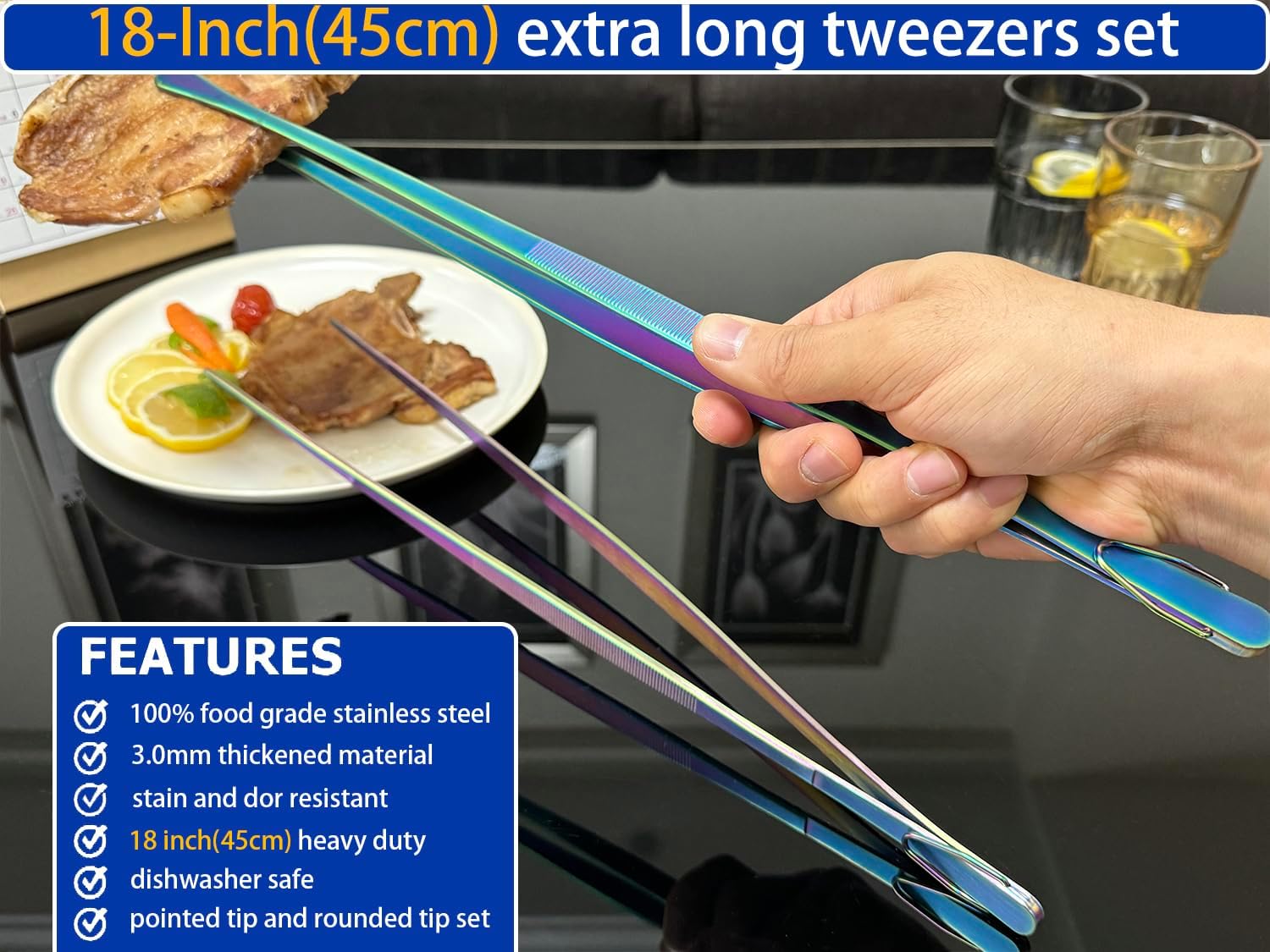 JETKONG 2 Pcs 18 Inch (45cm) Stainless Steel Grill Tongs Heavy Duty Giant Tweezer Tongs, Extra Large Tweezers Tools for Cooking, Grilling, BBQ and Turning Food (Rainbow)