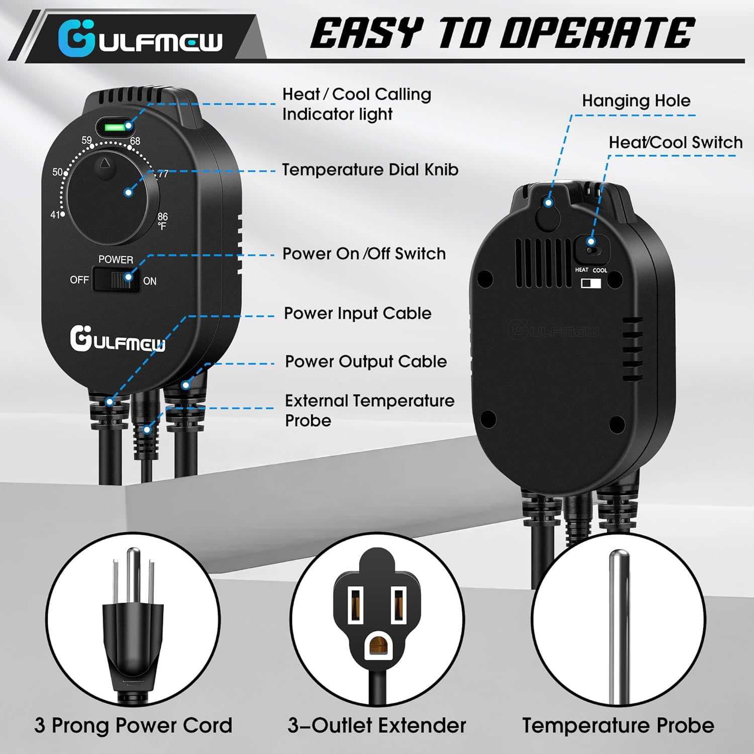 2 Pcs Thermostat Outlet for Heater, Temperature Controller Outlet with 4.9FT Power Cord, Heating and Cooling Thermostat Outlet with Temperature Probe for Space Heater, Greenhouse Fan (Black)