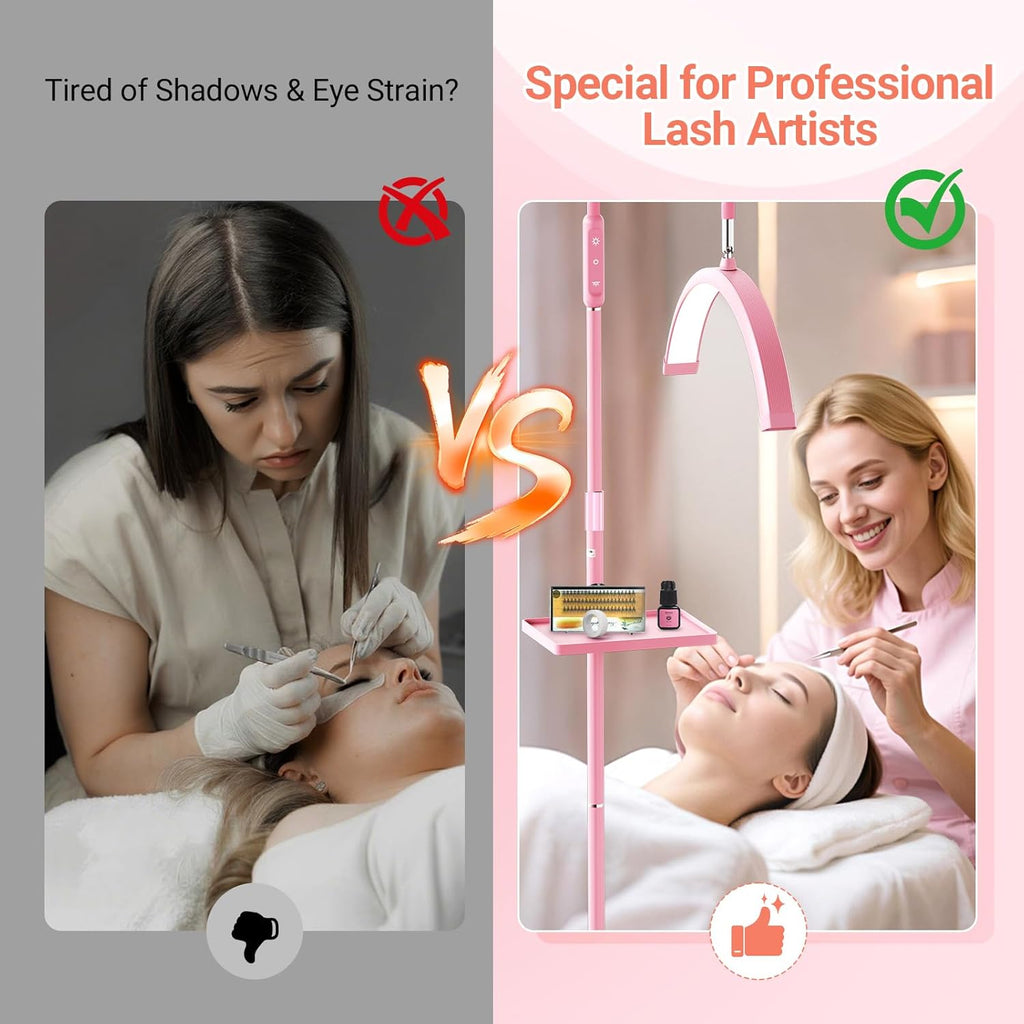 LIONVISON Half Moon Lash Light: 6500K LED Lamp Ring Light with Tray - 360° Flexible Gooseneck Durable Metal Stand - Salon Use for Lash Artists Eyelash Extensions (18In Pink)