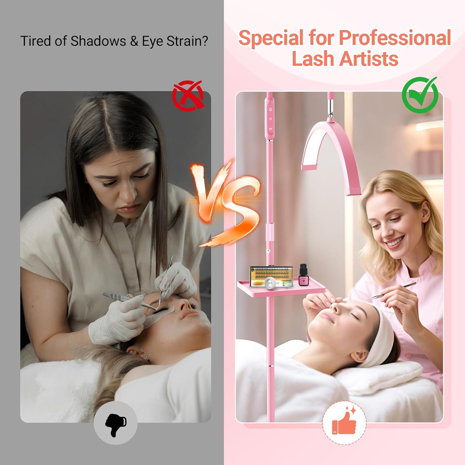 LIONVISON Half Moon Lash Light: 6500K LED Lamp Ring Light with Tray - 360° Flexible Gooseneck Durable Metal Stand - Salon Use for Lash Artists Eyelash Extensions (18In Pink)
