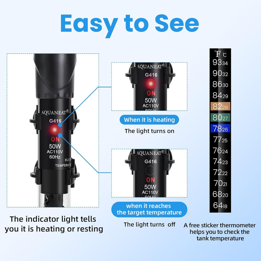 AQUANEAT Aquarium Heater, 50W Fish Tank Heater, Adjustable Submersible Water Thermostat with Thermometer