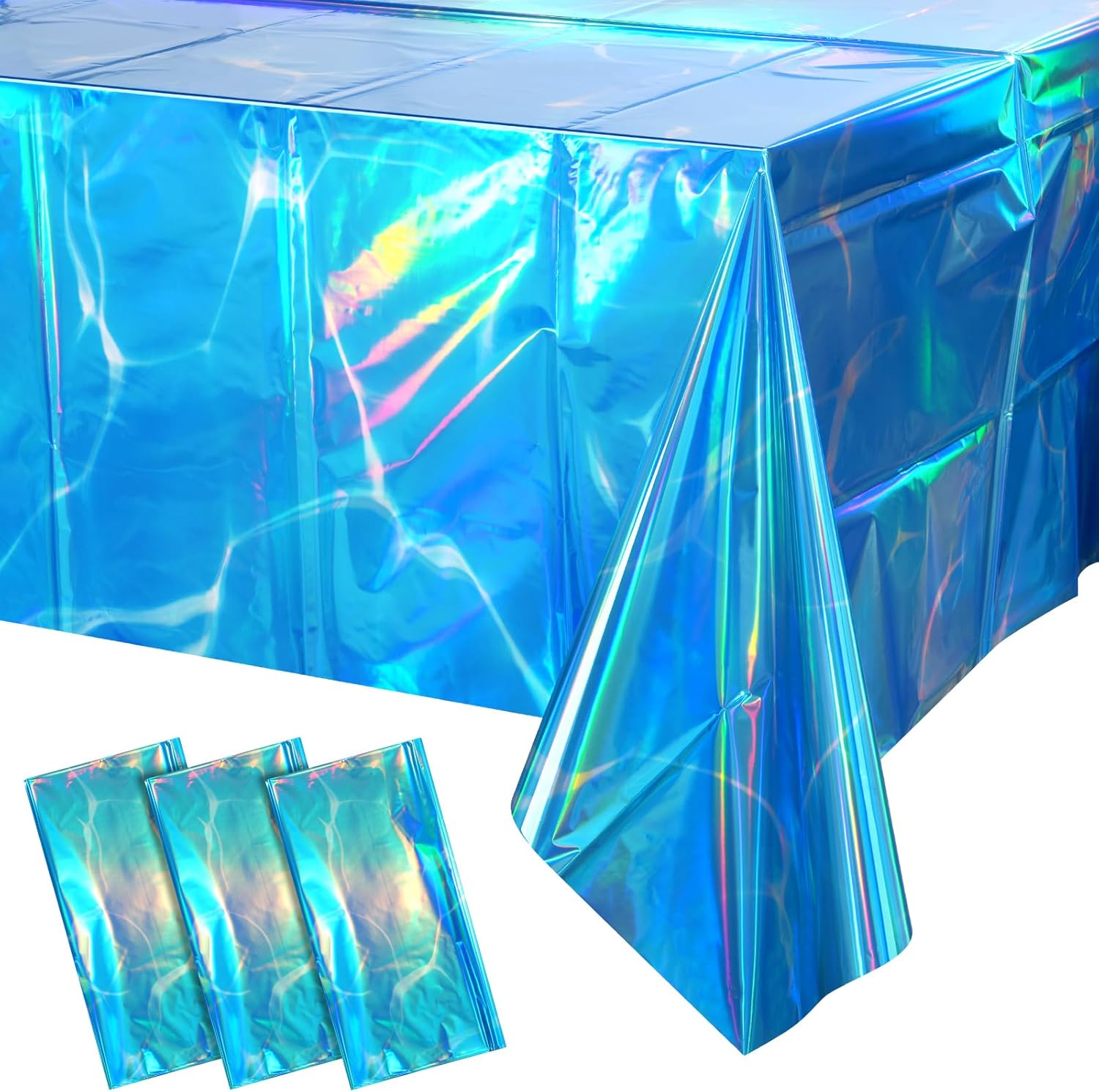 3 Pack Ocean Tablecloths Iridescent Plastic Disposable Table Cloth Rectangle Water Wave Table Covers for Under Sea Ocean Pool Beach Party Decorations, 54 x 108Inch