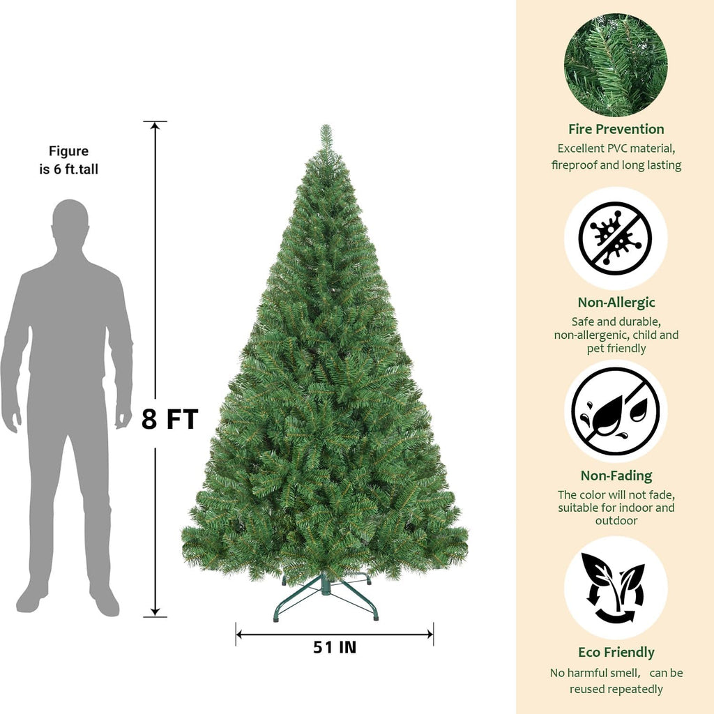 8FT Artificial Christmas Tree, Full Unlit Green Christmas Tree with Premium PVC Branches, Realistic Look, Sturdy Metal Stand, Indoor Fake Xmas Tree for Home Office Shops