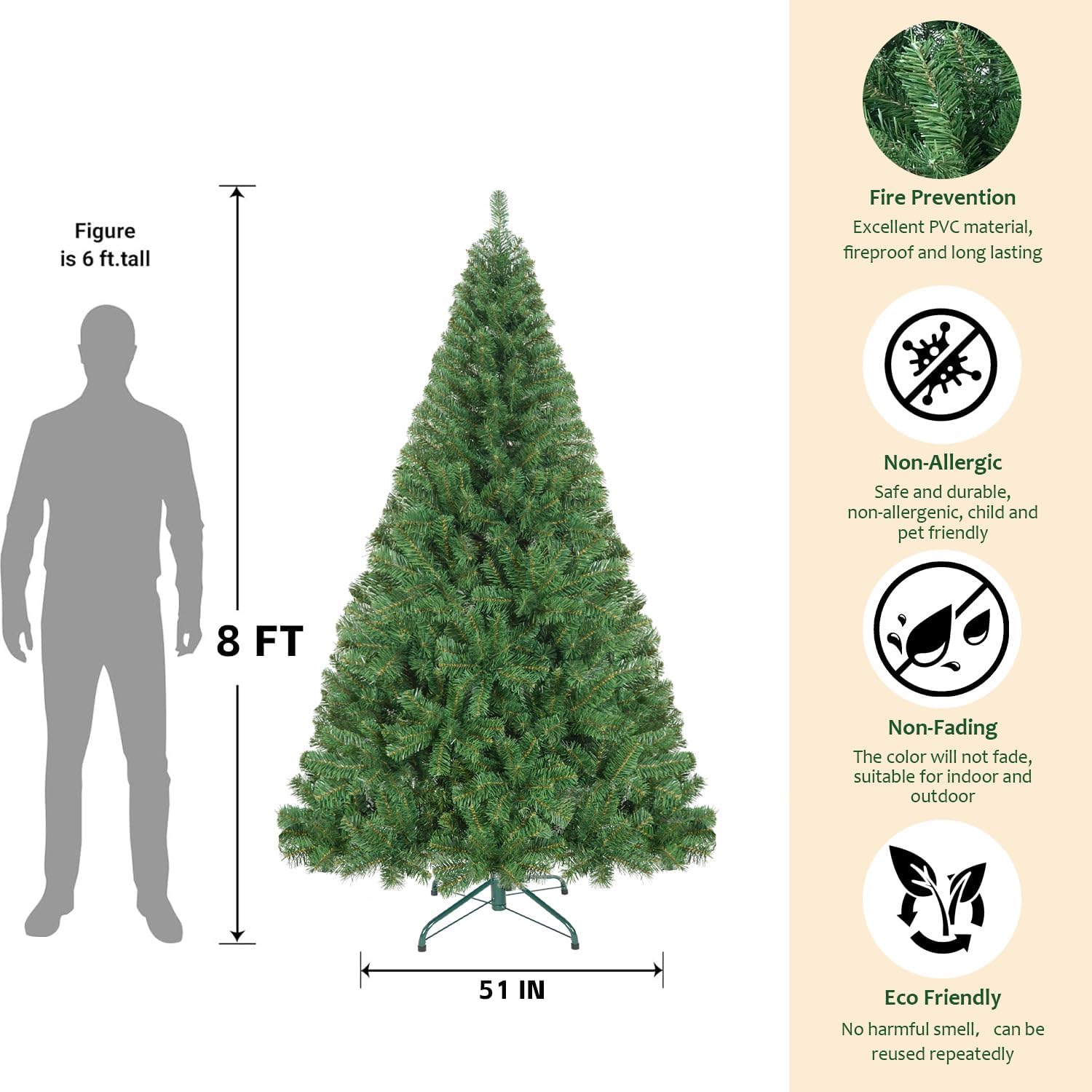 8FT Artificial Christmas Tree, Full Unlit Green Christmas Tree with Premium PVC Branches, Realistic Look, Sturdy Metal Stand, Indoor Fake Xmas Tree for Home Office Shops