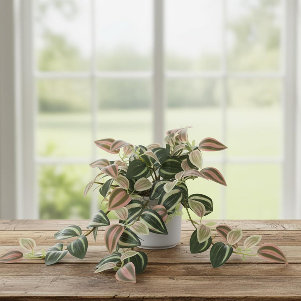 Fake Plants Indoor Artificial Hanging Plants with Pot, Potted Silk Greenery Faux Watermelon Peperomia Ivy Draping Plant for Home Office Desk Living Room Bedroom Wall Shelf Decor (Green, Light Pink)