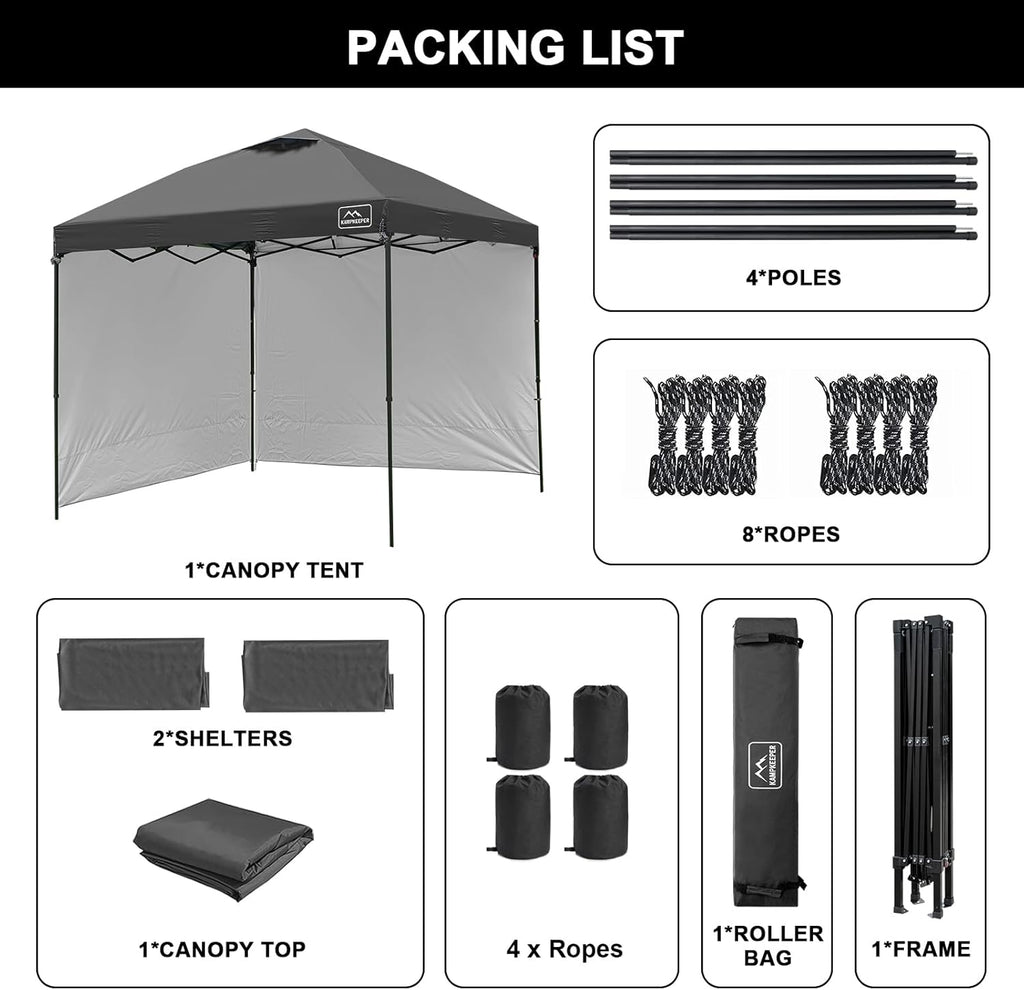 KAMPKEEPER 10x10 Easy Pop Up Canopy Tent with Sidewalls, Instant Outdoor Shade Shelter with Removable 10FT Sun Walls, Quick Setup Waterproof and UV-Resistant for Patio (Black, 2 sidewall)