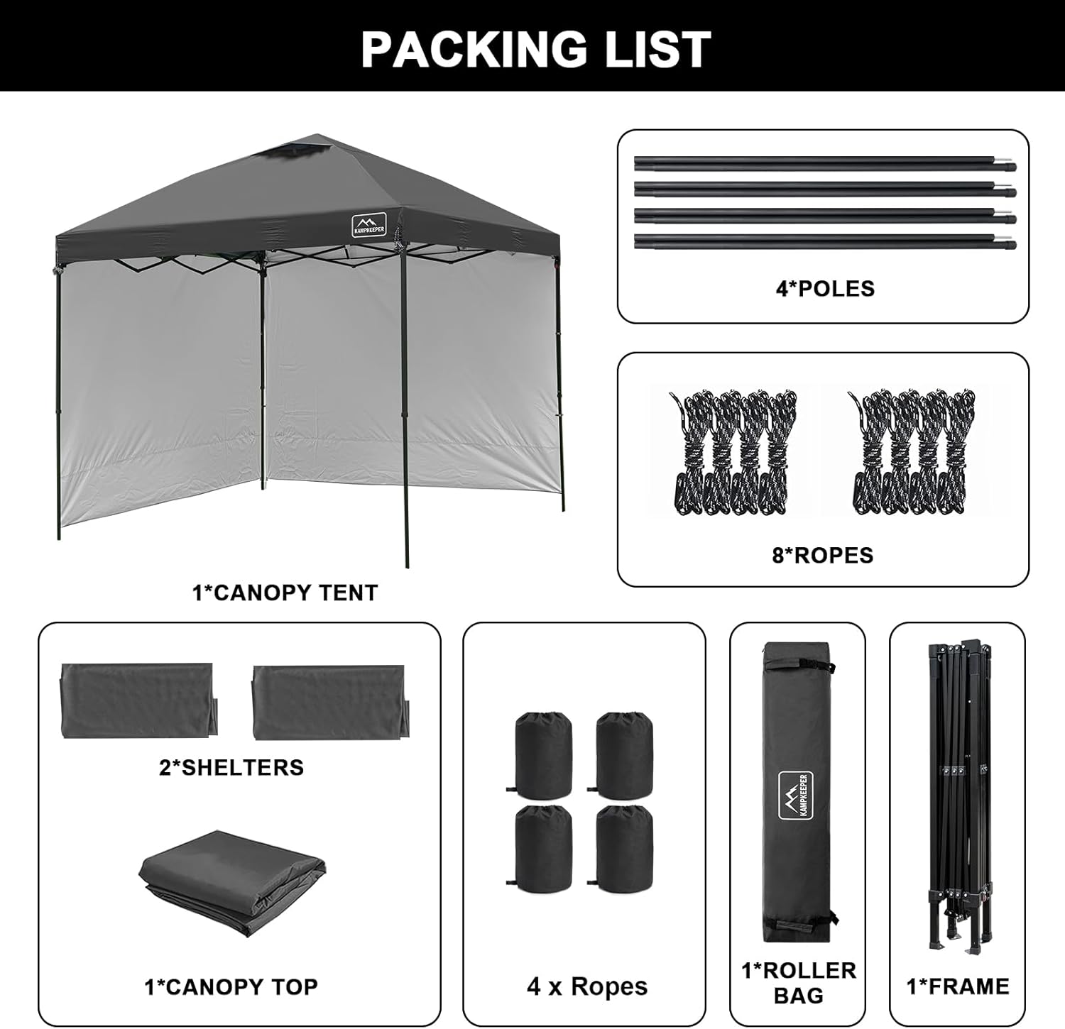 KAMPKEEPER 10x10 Easy Pop Up Canopy Tent with Sidewalls, Instant Outdoor Shade Shelter with Removable 10FT Sun Walls, Quick Setup Waterproof and UV-Resistant for Patio (Black, 2 sidewall)