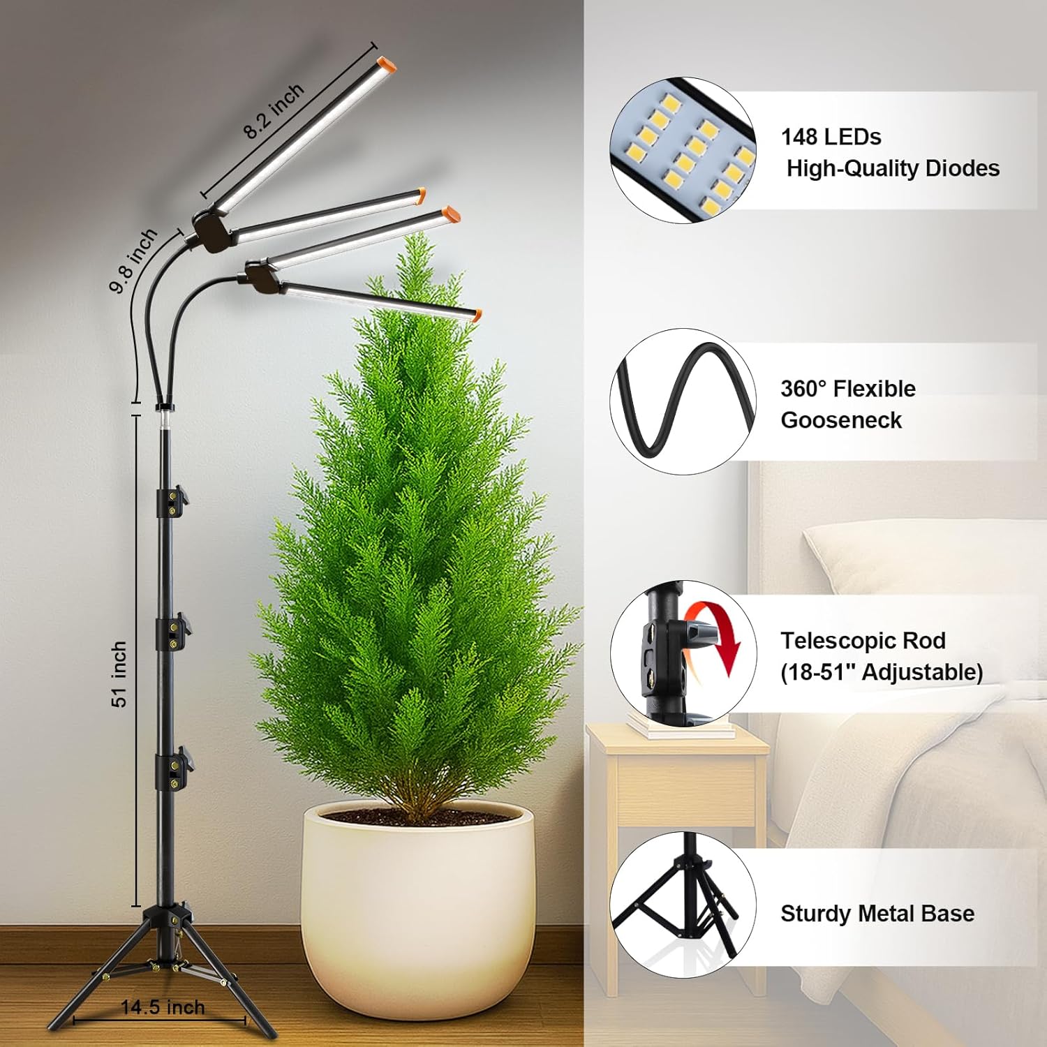 YEOLEH Floor Lamp Grow Light for Large Tall Plants Indoor, 6000K White Full Spectrum Plant Growing Light with Red Blue LED, Foldable Light Strip, Dimmable & Timer Function, Height 17-62‘’