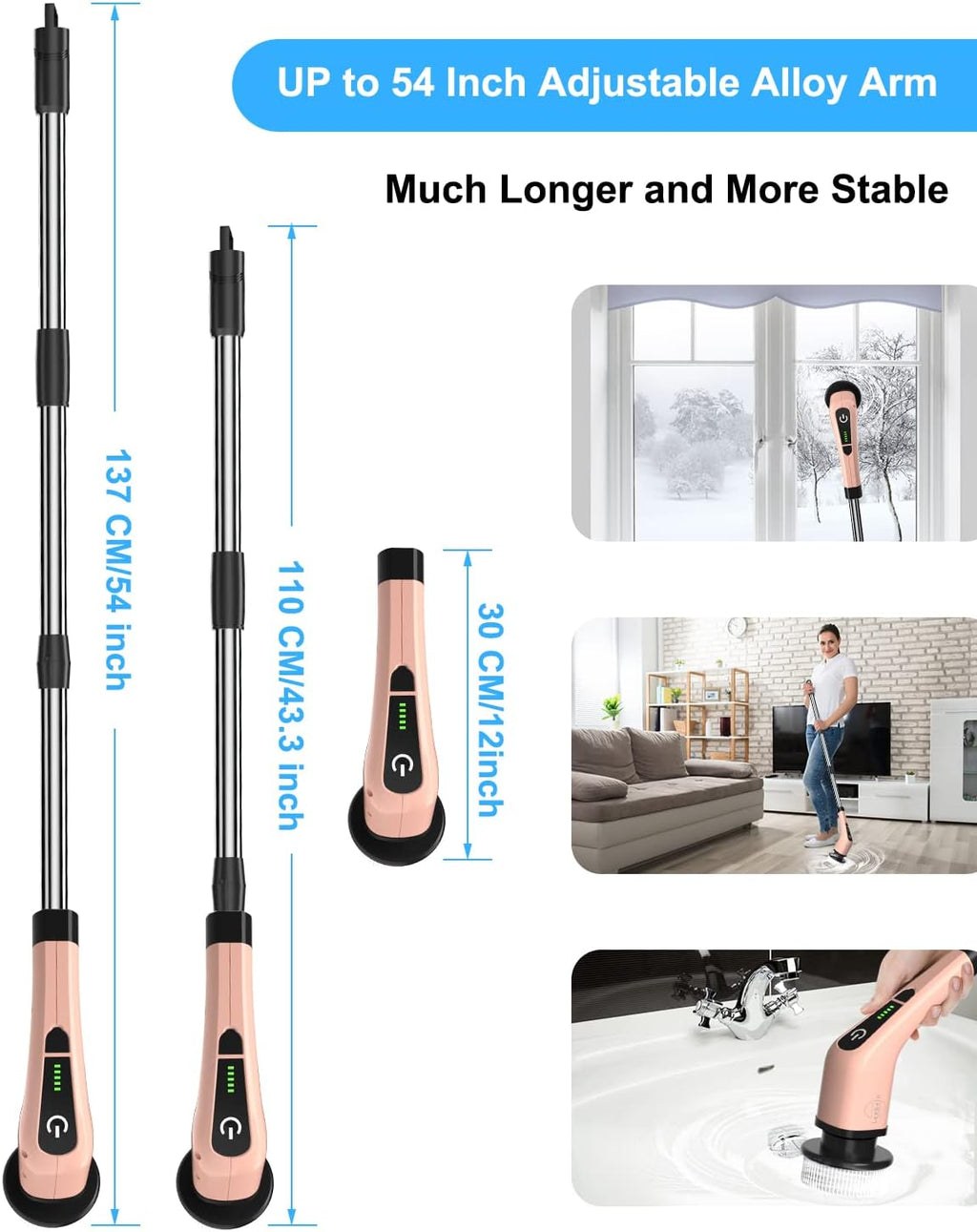 Leebein Electric Spin Scrubber, Cordless Powerful Scrub Brush for Cleaning Bathroom, Kitchen, Shower Tub and Floor Tile with Adjustable Extension Long Handle and 8 Replaceable Brush Heads(Rose)
