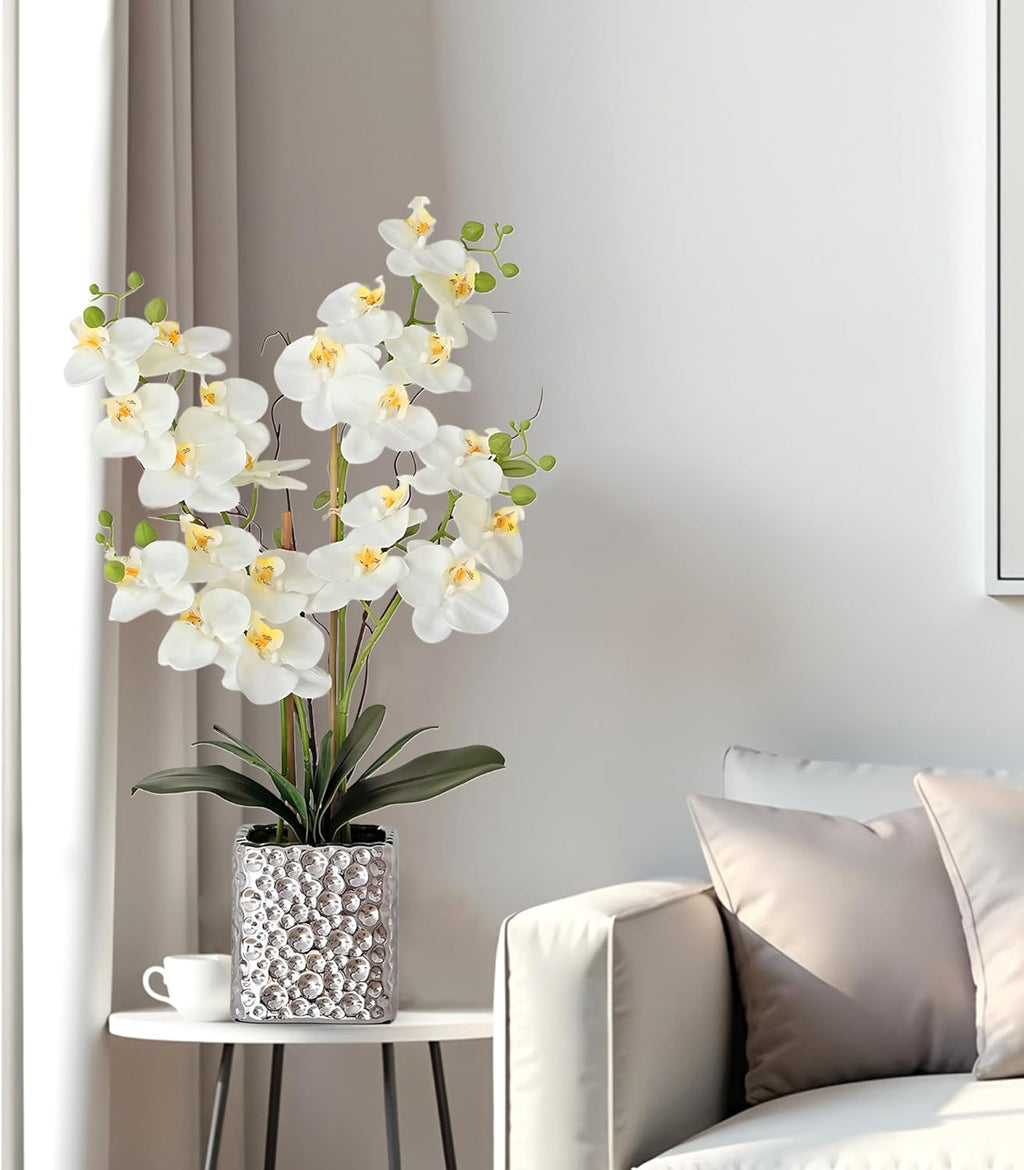 SJC Orchid Artificial Flowers with Sliver Vase Large Silk Faux Phalaenopsis Flowers for Dining Room Table Floral Centerpieces Indoor Decoration,White