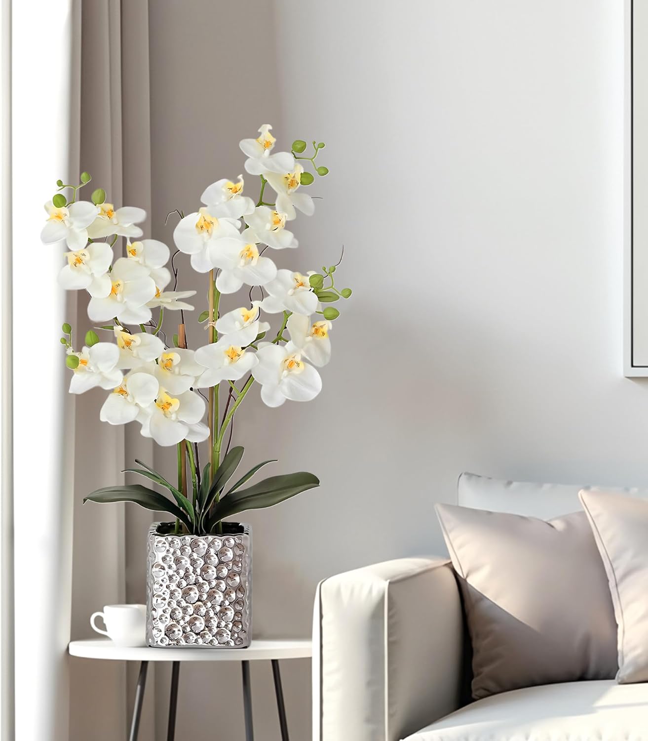 SJC Orchid Artificial Flowers with Sliver Vase Large Silk Faux Phalaenopsis Flowers for Dining Room Table Floral Centerpieces Indoor Decoration,White