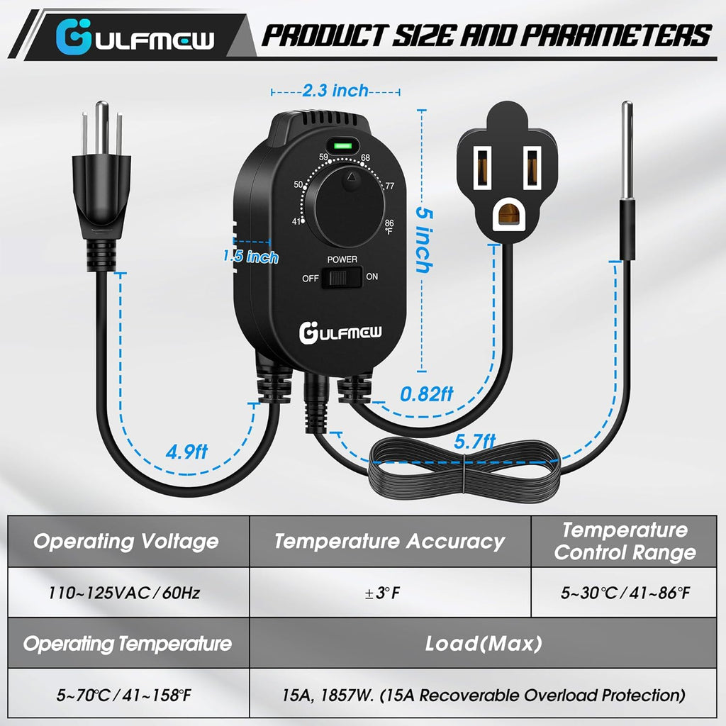 2 Pcs Thermostat Outlet for Heater, Temperature Controller Outlet with 4.9FT Power Cord, Heating and Cooling Thermostat Outlet with Temperature Probe for Space Heater, Greenhouse Fan (Black)