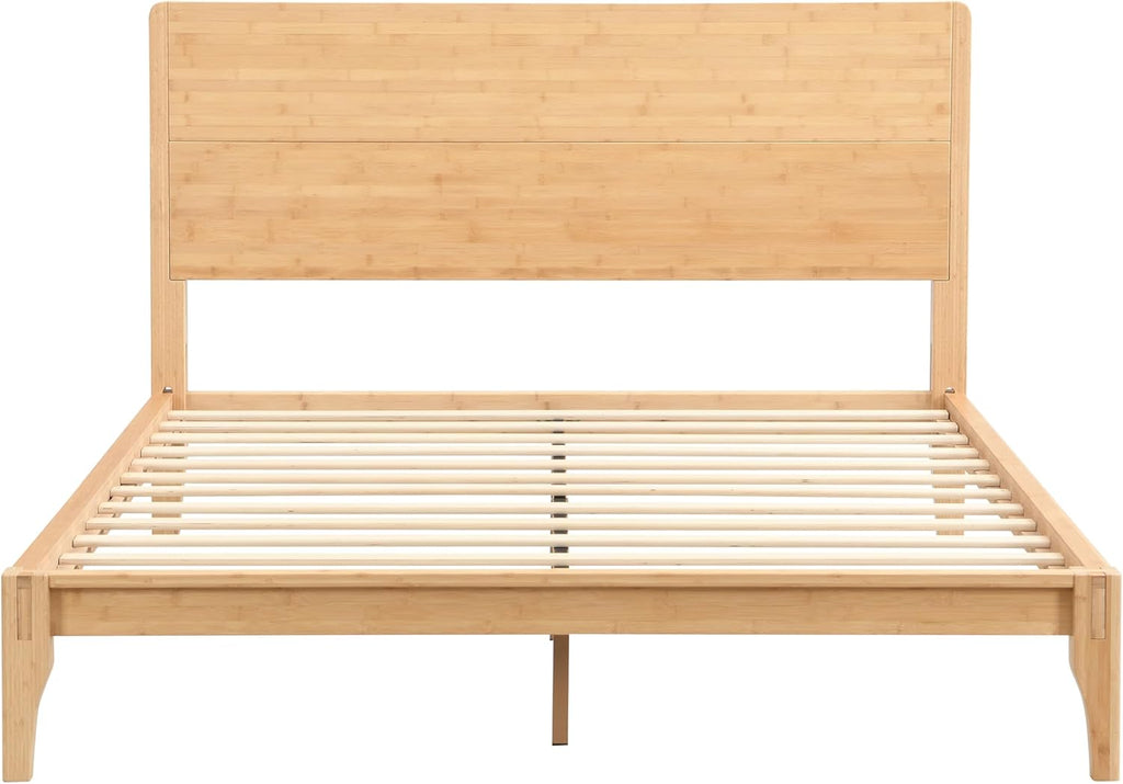 Merax Mid Century Full Bed Frame with Headboard, Bamboo Wood Full Size Platform Bed Frame with Wood Slat, Heavy Duty Steel Center Beam for Support, Under Bed Storage, No Box Spring Needed, Natural