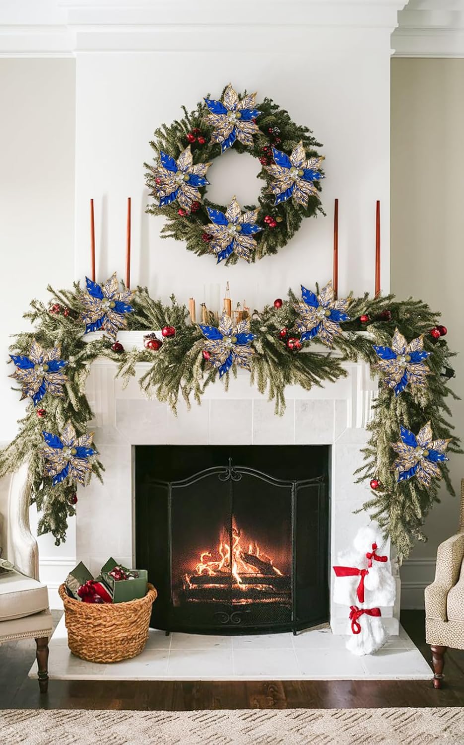 Hollyone 3PCS Poinsettia Christmas Flowers Artificial 11" Large Blue and Gold Glitter Poinsettia Flowers Christmas Tree Ornaments Floral Picks for Tree Wreath Garland Vase Table Centerpiece Home Decor