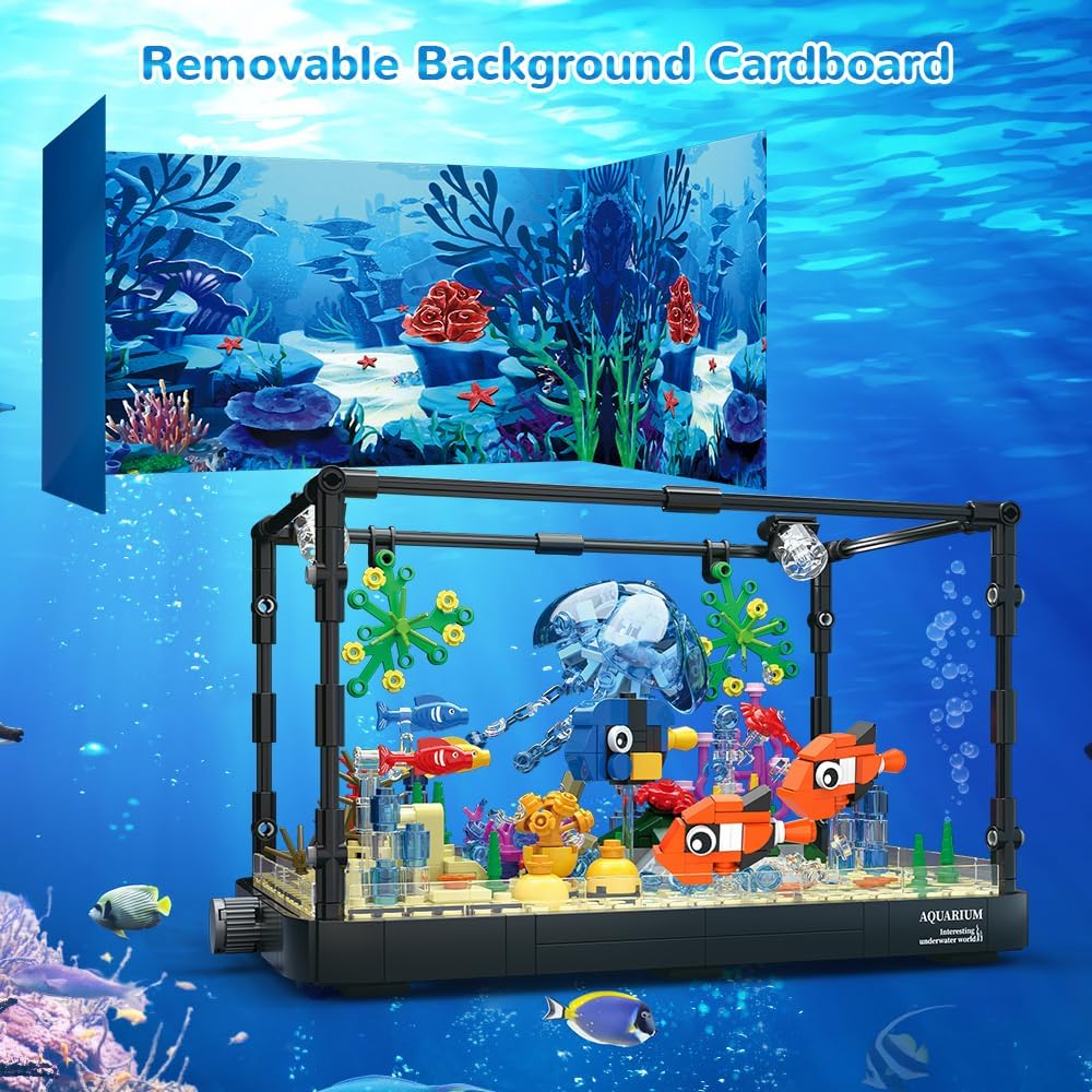 HOGOKIDS Fish Tank Building Set with LED Light - Movable Aquarium Building Toys for Adults Kids | 725PCS Creative Aquarium Toy with Jellyfish, Fish Animal Educational Gift for Boys Girls Age 8-14