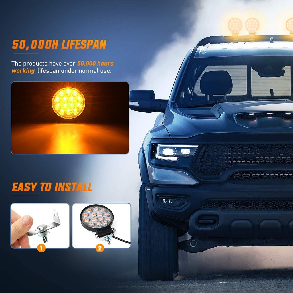 Nilight 4.5Inch 42W 4200LM Amber LED Light Pods Round Flood Lights for Off Road, Roof & Fog - 16AWG Wiring Harness Kit-2 Leads