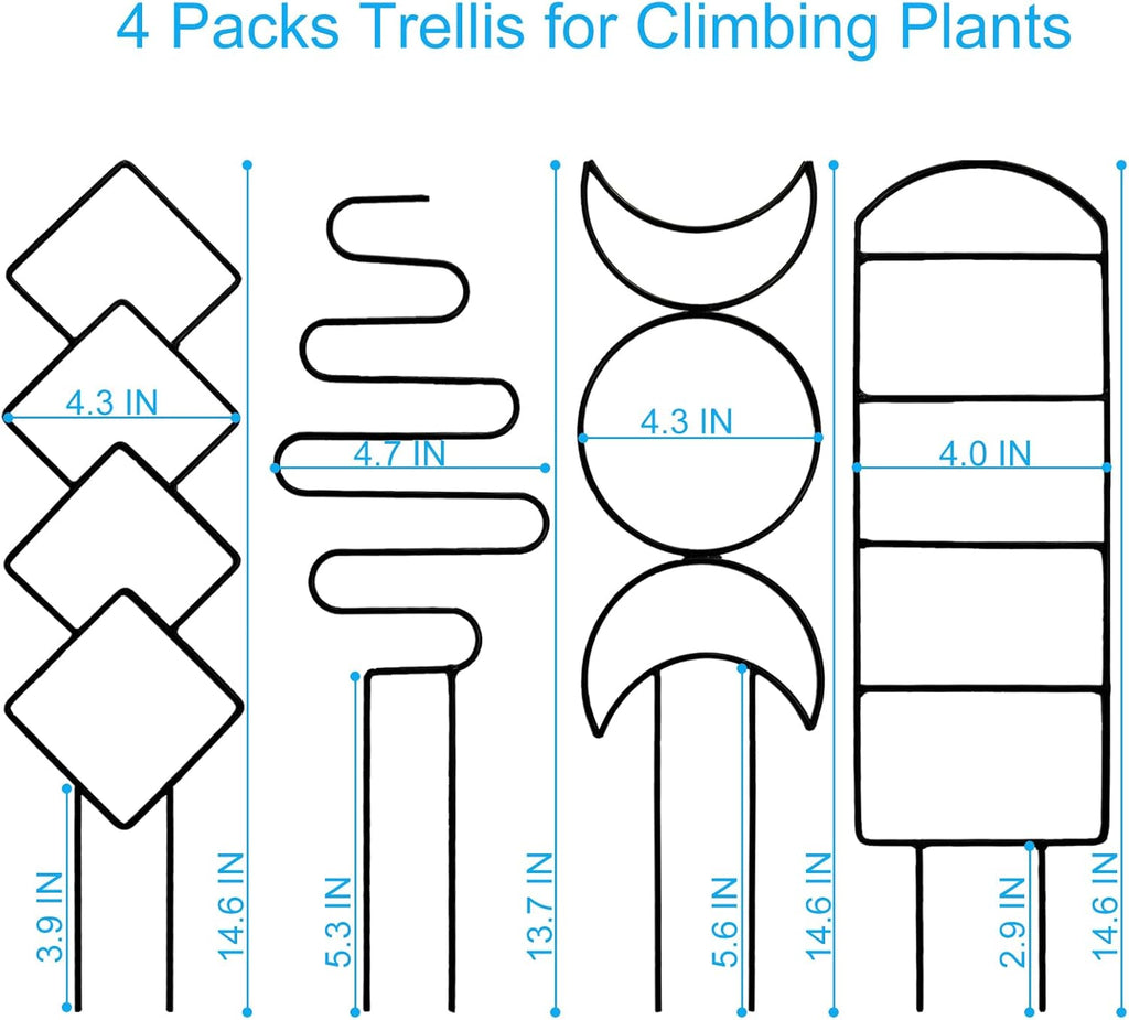 4 Packs Trellis for Climbing Plants Indoor, HENABLE Small Garden Metal Trellis for Potted Plants Outdoor for Vine Ivy Flower Plant Support, 4 Different Black Iron Patterns