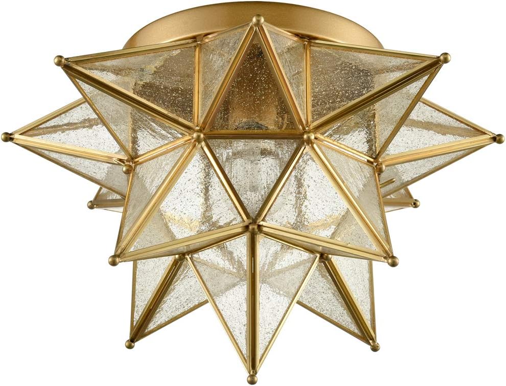 DAYCENT Modern Moroccan Seeded Glass Brass Moravian Star Flush Mount Ceiling Light, 15 Inches, 1-Light