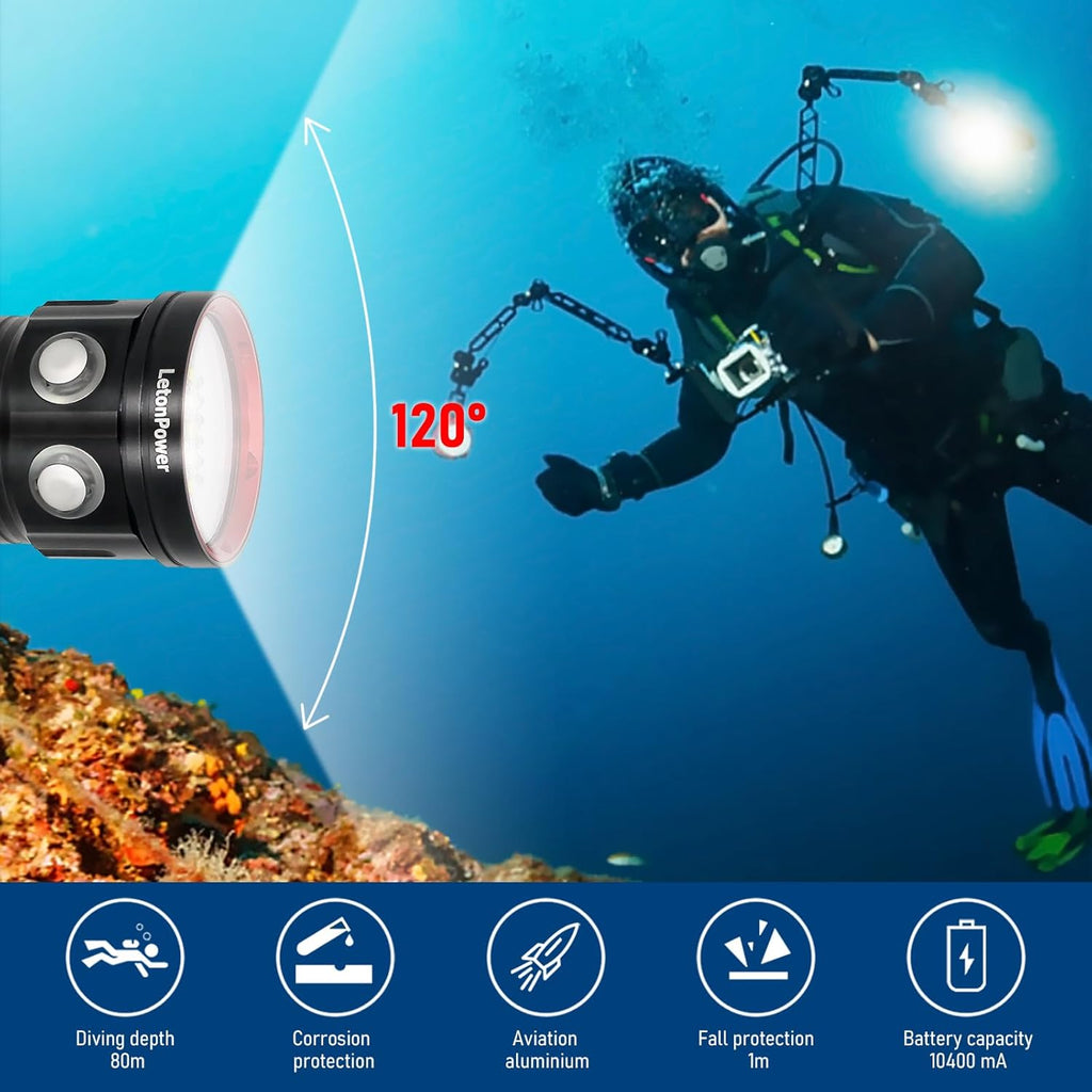 B15 Dive Light Underwater Flashlight 8000Lumens Underwater Video Lights 80m Scuba Dive Light Diving Flashlight for Under Water Sports,Underwater Video Shooting and Photography