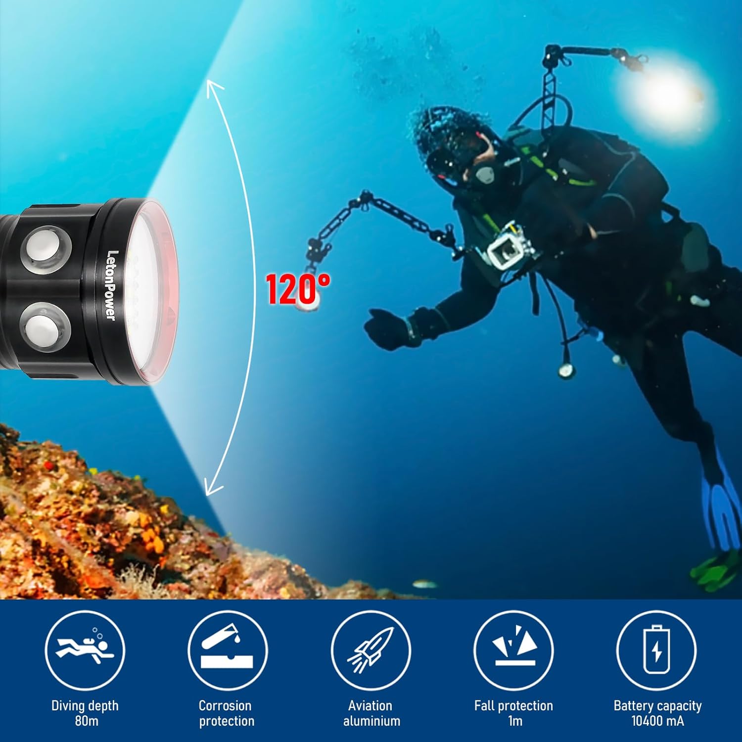 B15 Dive Light Underwater Flashlight 8000Lumens Underwater Video Lights 80m Scuba Dive Light Diving Flashlight for Under Water Sports,Underwater Video Shooting and Photography