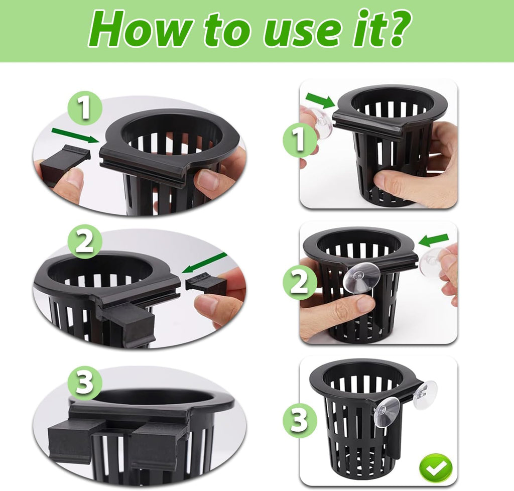 Upgraded Large Aquarium Plant Holder with Extension Hooks and Suction Cups, Aquatic Plants Cup for Tank for Fish Tank Aquaponic Plant Cultivation and Aquascape Accessories (Black-2PC)