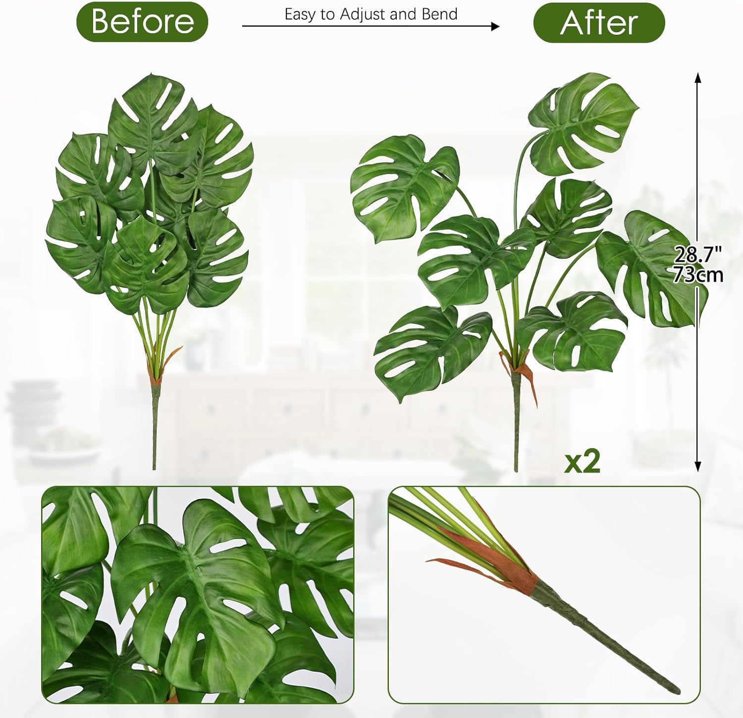 Hollyone 2PCS Artificial Monstera Plants Leaves 28.7" Fake Tropical Monstera Bush Tree Leaf Large Faux Greenery Stem Shrubs for Indoor Outdoor Home Garden Arrangement Jungle Safari Wedding Party Decor