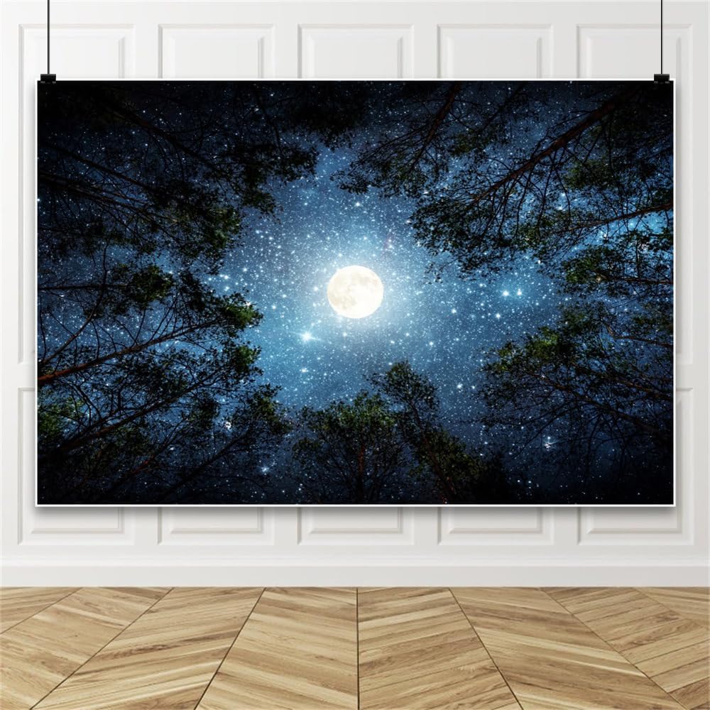 Laeacco 10x8ft Forest Night View Backdrop Galaxy Starry Sky Moonlight Tops of Green Trees Natural Landscape Photography Background Forest Camping Adventure Birthday Party Decor Photo Booth Props
