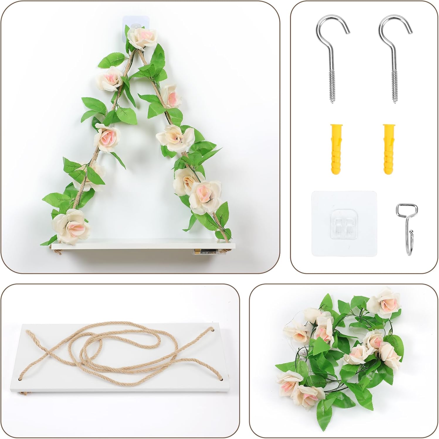 Shelf for Wall,Floating Shelves,Floating Shelves for Wall No Drilling,Adhesive Shelves,Command Strip Shelf,Room Decor Aesthetic,Fake Books Decor,Christma Decorations,2-Piece Set(Champagne flowers)