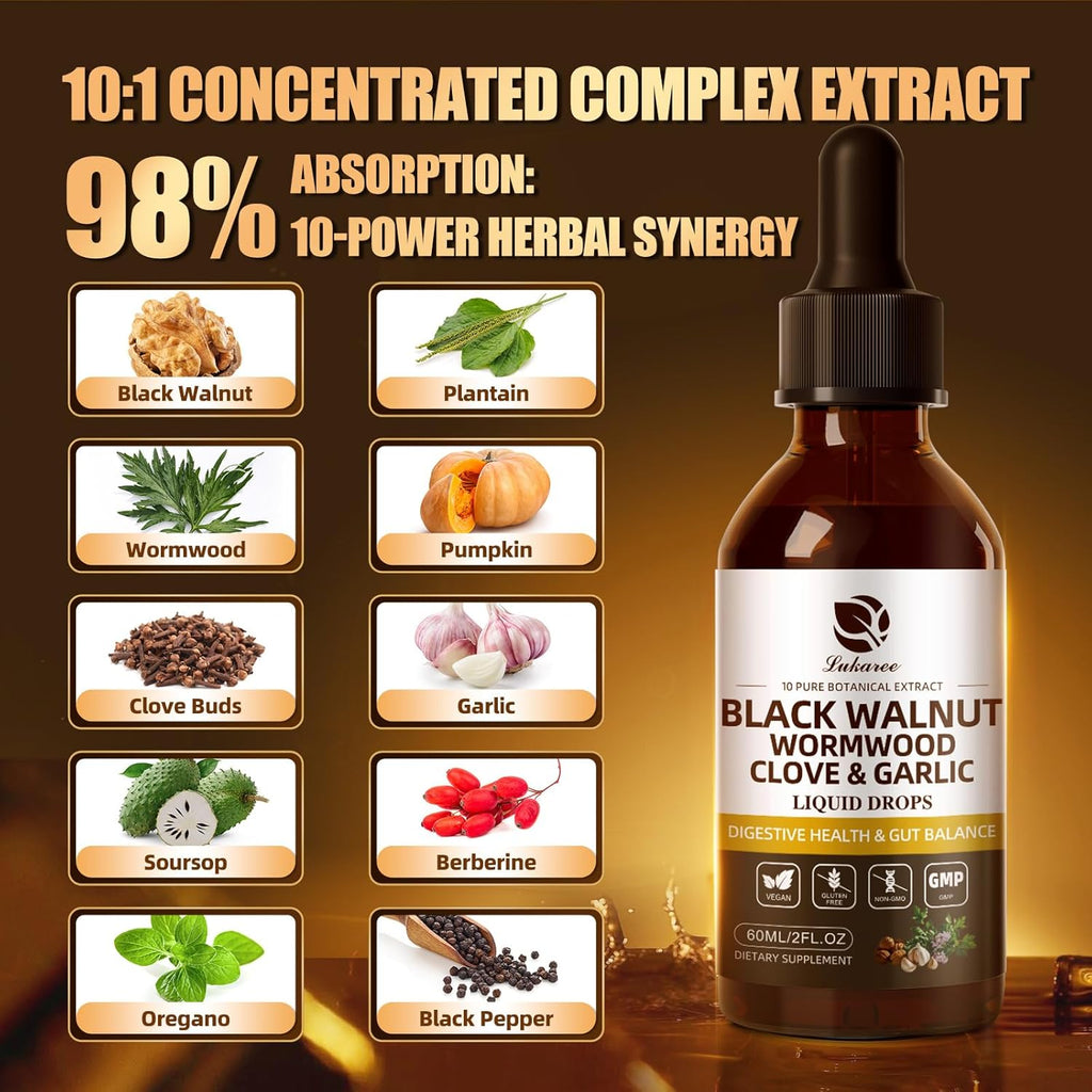 Lukaree Wormwood Black Walnut Clove Cleanse for Humans Tincture – Rapid Gut Detox & Digestive Health with Garlic Pumpkin Seeds Soursop Oregano, 10:1 Ultra-Concentrated Liposomal Tech 98% Absorption