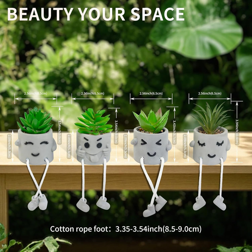 Set of 4 Small Faux Succulents in Cement Pots with Hanging Legs, Potted Mini Fake Plants for Desk, Office Cubicle, Kitchen, Bathroom, Wall Shelf Decor, Room & Bookshelf Ornament